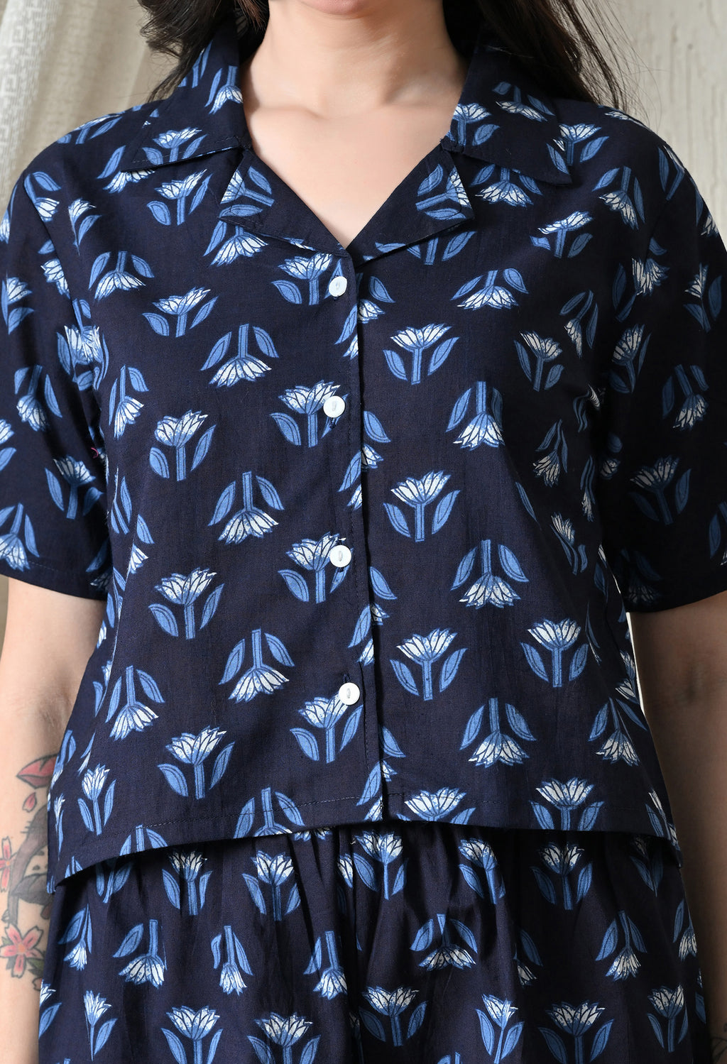 Majestic divas Cotton Navy Blue Floral Printed Co-Ord Set