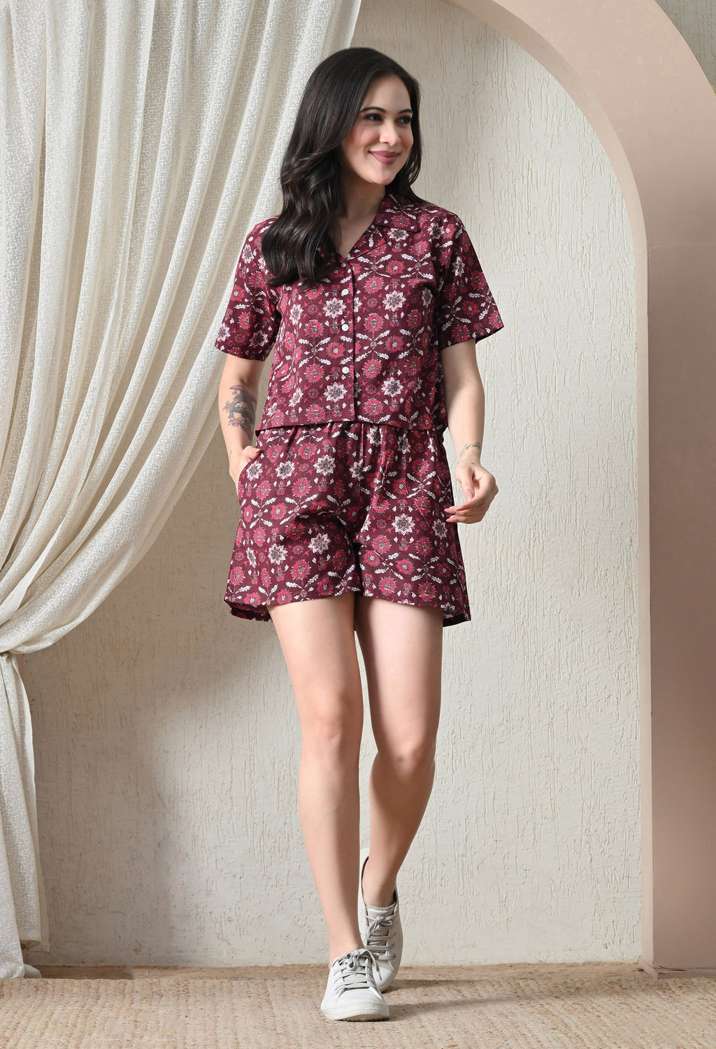 Majestic divas Cotton Maroon Floral Printed Co-Ord Set