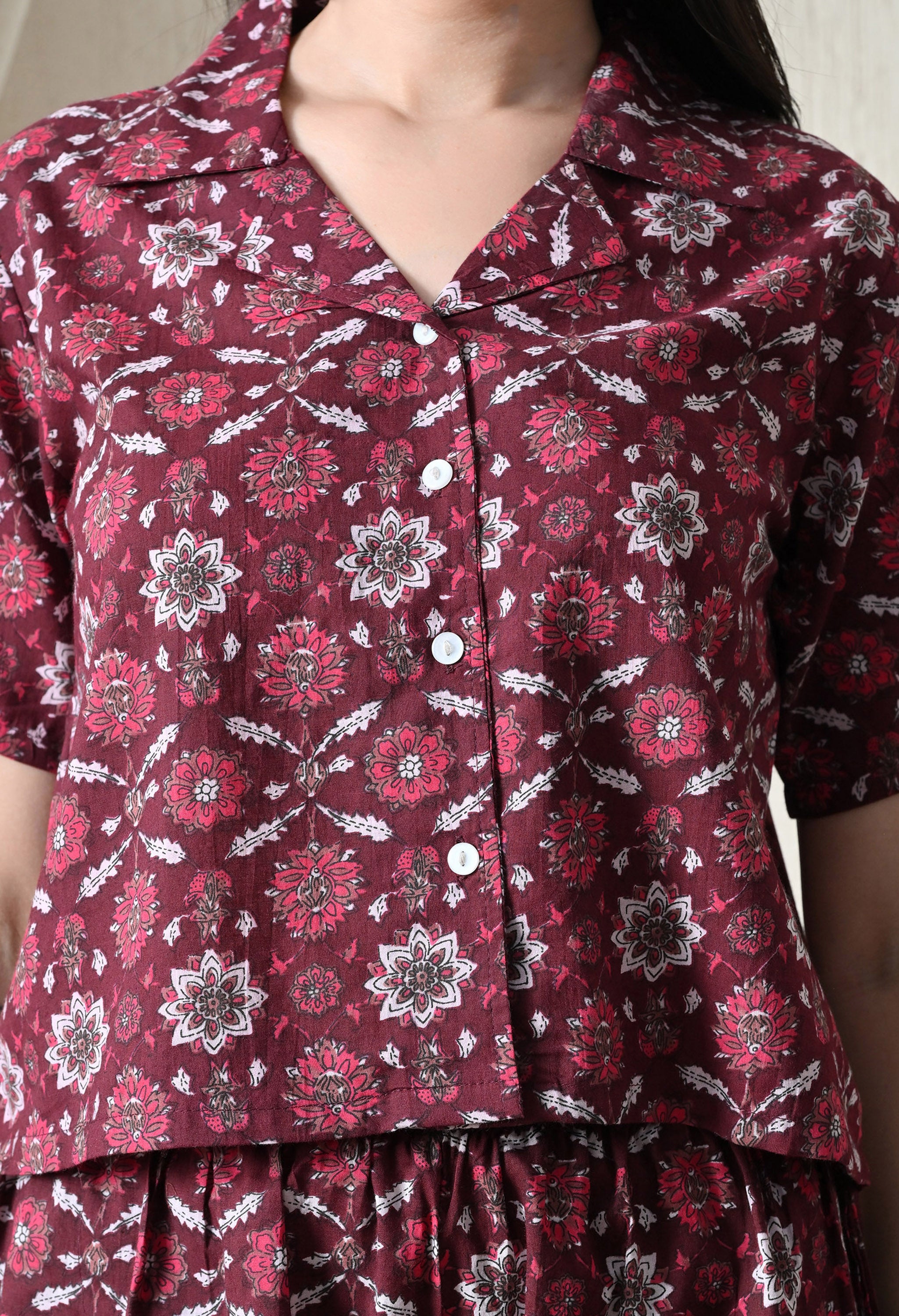 Majestic divas Cotton Maroon Floral Printed Co-Ord Set Secondary image