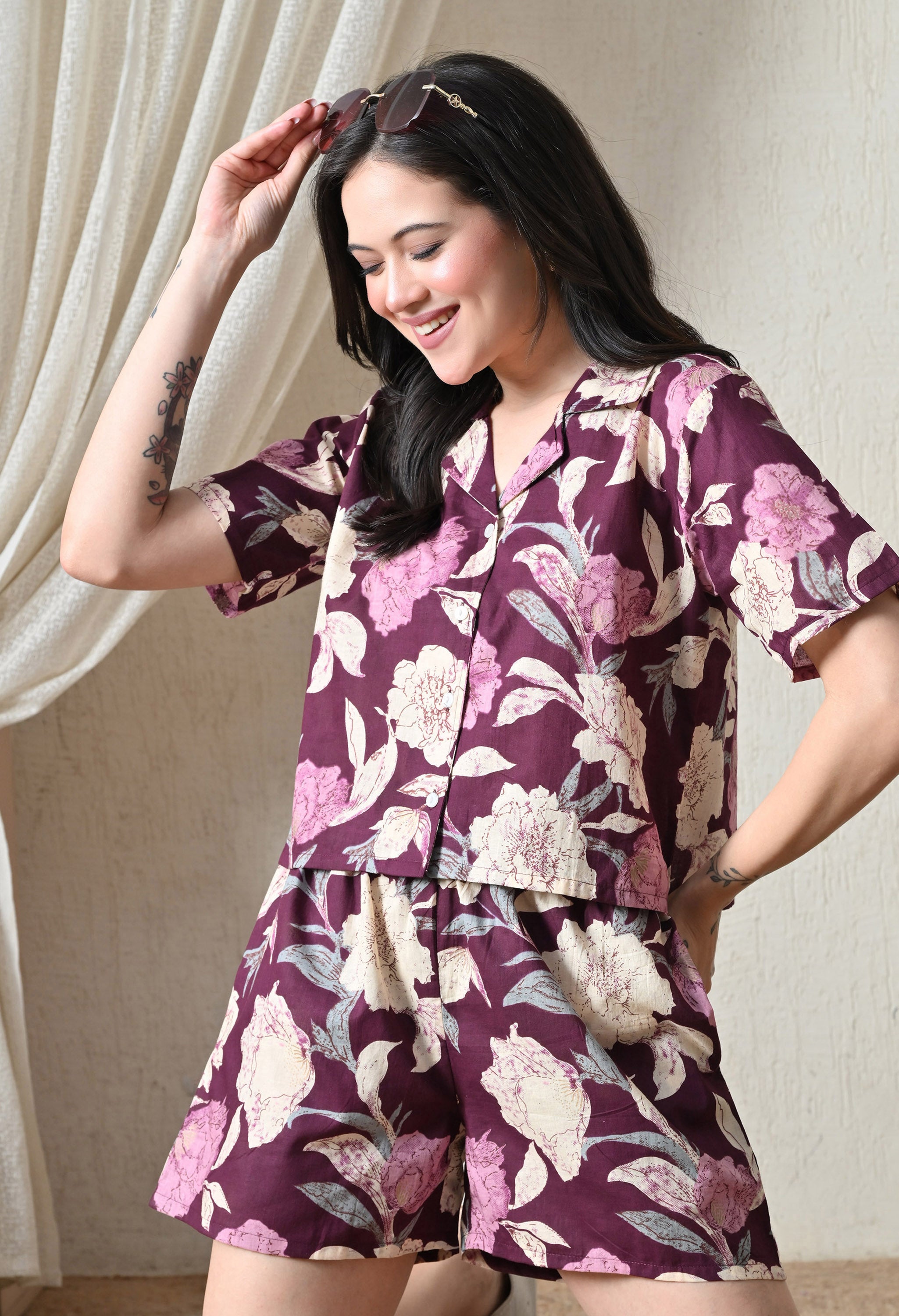 Majestic divas Cotton Maroon Floral Printed Co-Ord Set