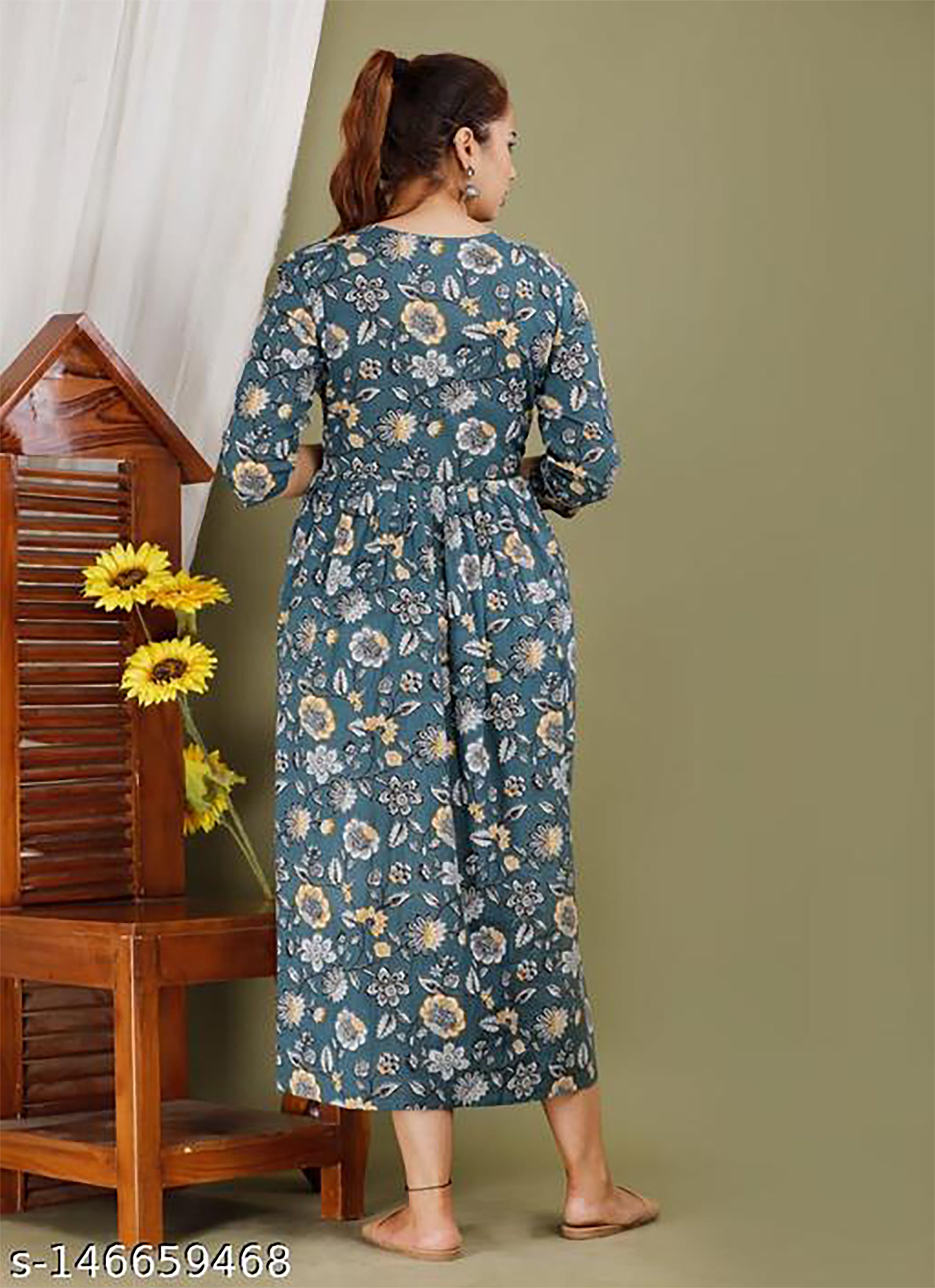 Majestic divas  Cotton Teal Green Floral Maternity Feeding Kurta Dress with Dual Zippers