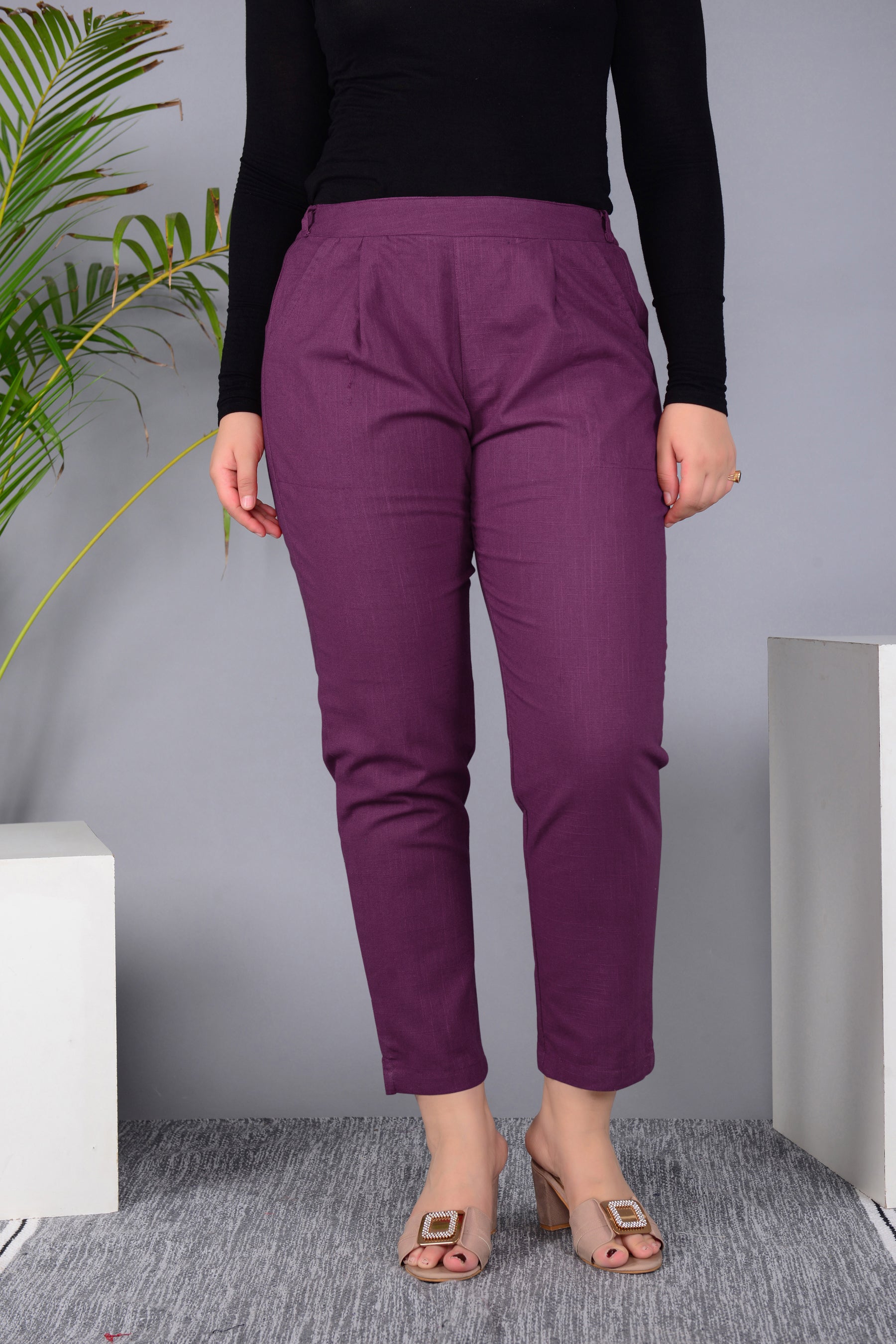 Majestic Diva's Women’s High Waist Wine Maroon Tapered Pants