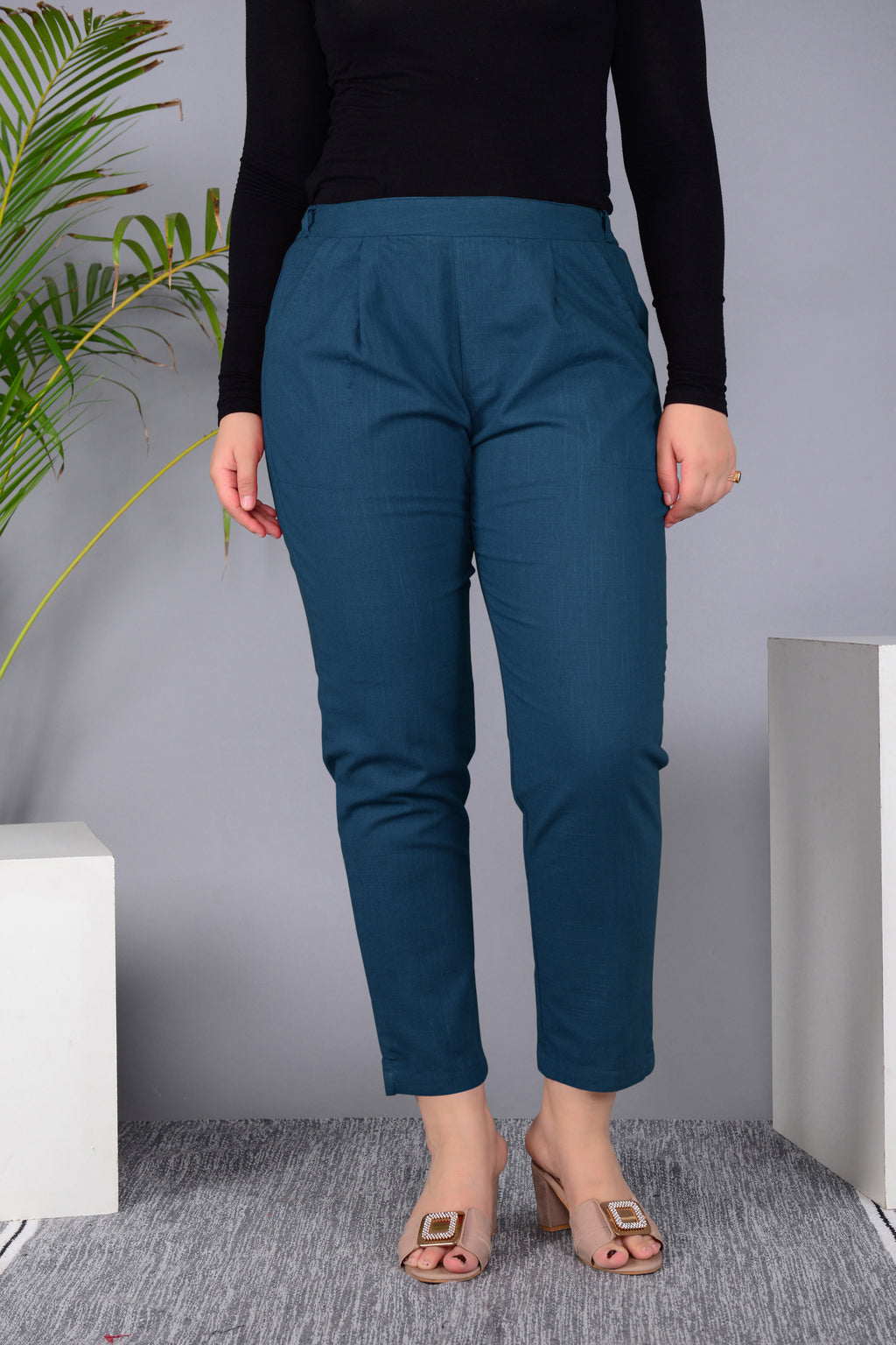 Majestic Diva's Women’s High Waist Teal Blue Tapered Pants