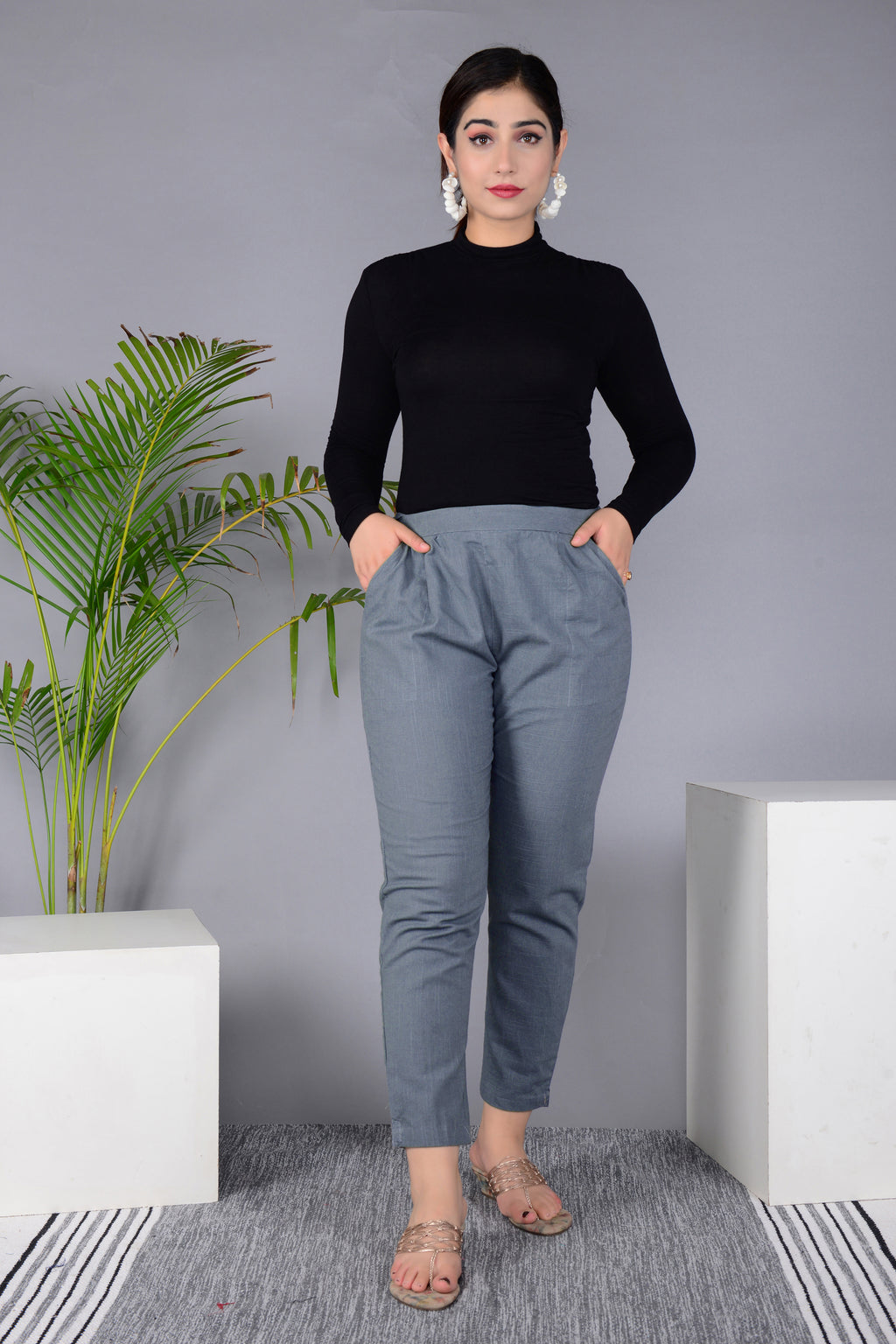 Majestic Diva's Elegant Grey High-Waist Straight Fit Pants