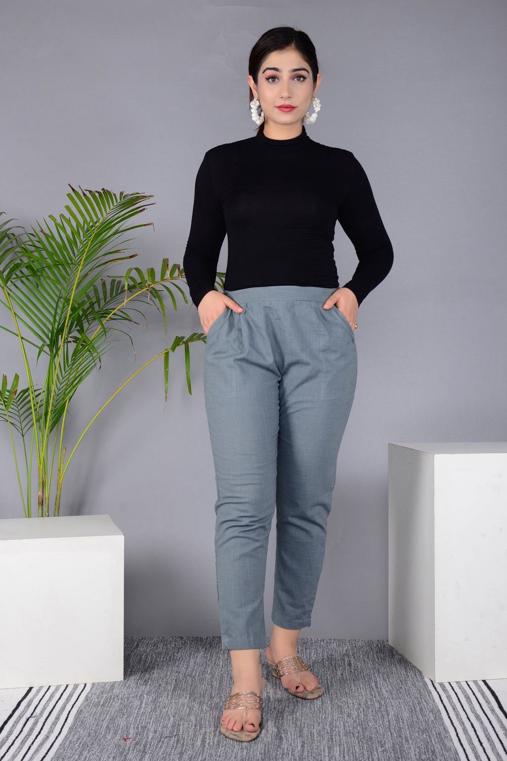 Majestic Diva's Elegant Grey High-Waist Straight Fit Pants