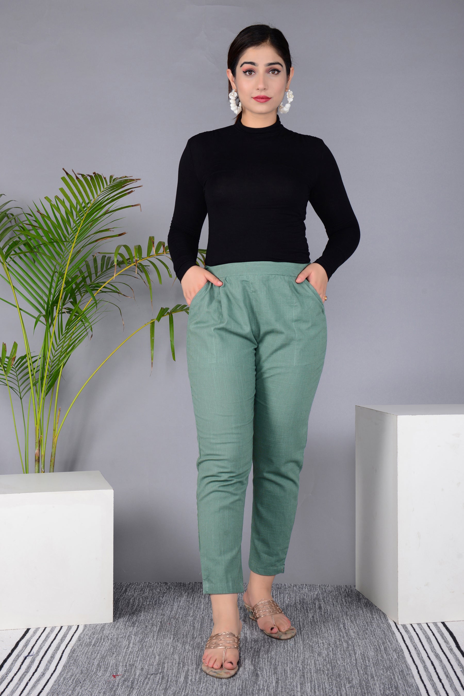 Majestic Diva's Women’s High Waist Mint Green Cotton Tapered Pants Main image