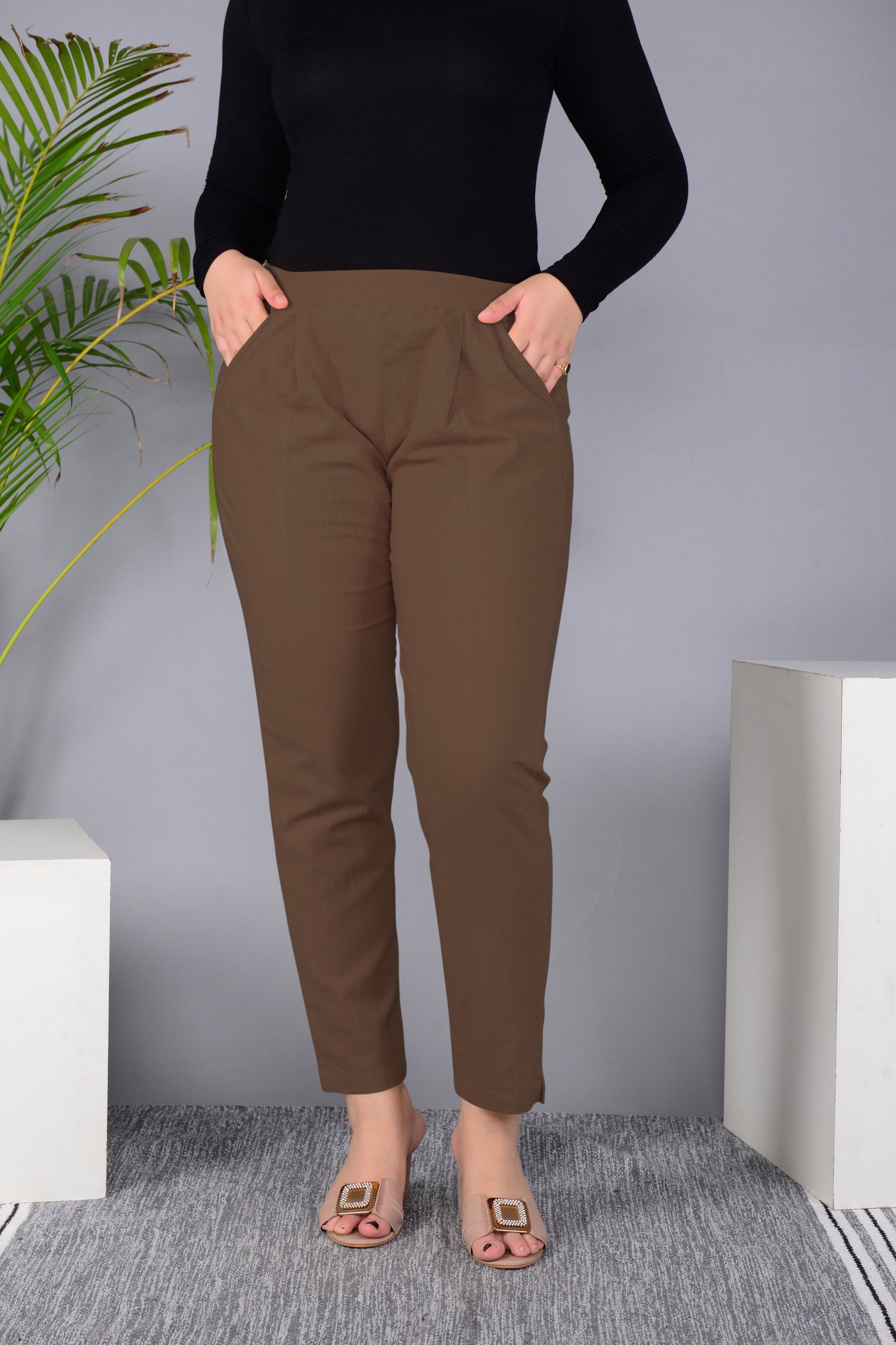 Majestic Diva's Classic Brown High-Waist Straight Fit Pants