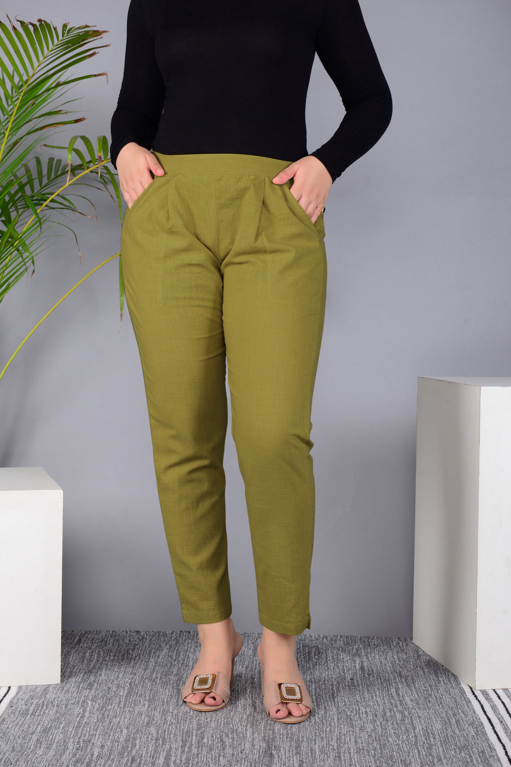 Majestic Diva's Olive Green High-Waist Straight Fit Pants
