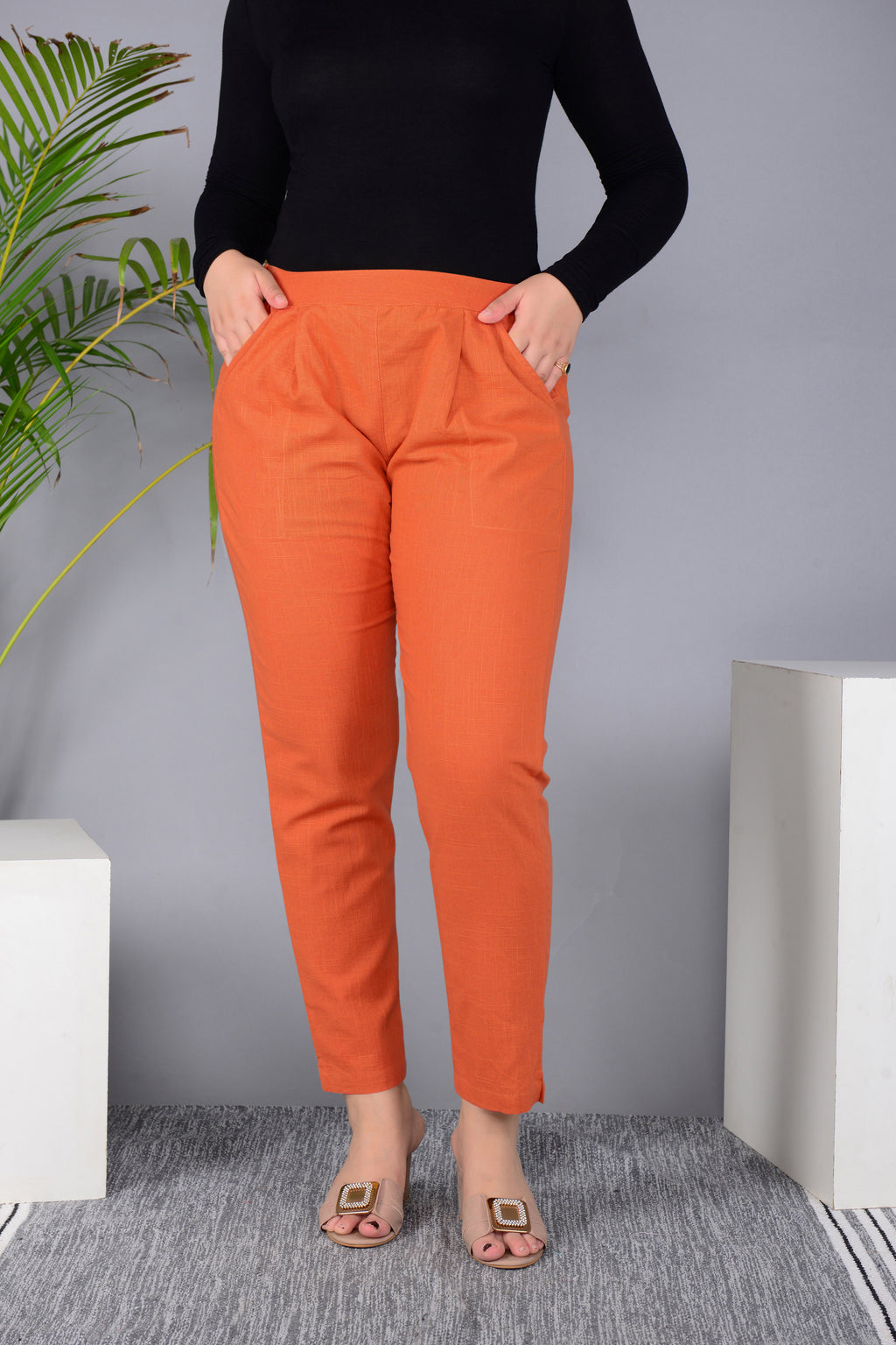Majestic Diva's Vibrant Orange High-Waist Straight Fit Pants