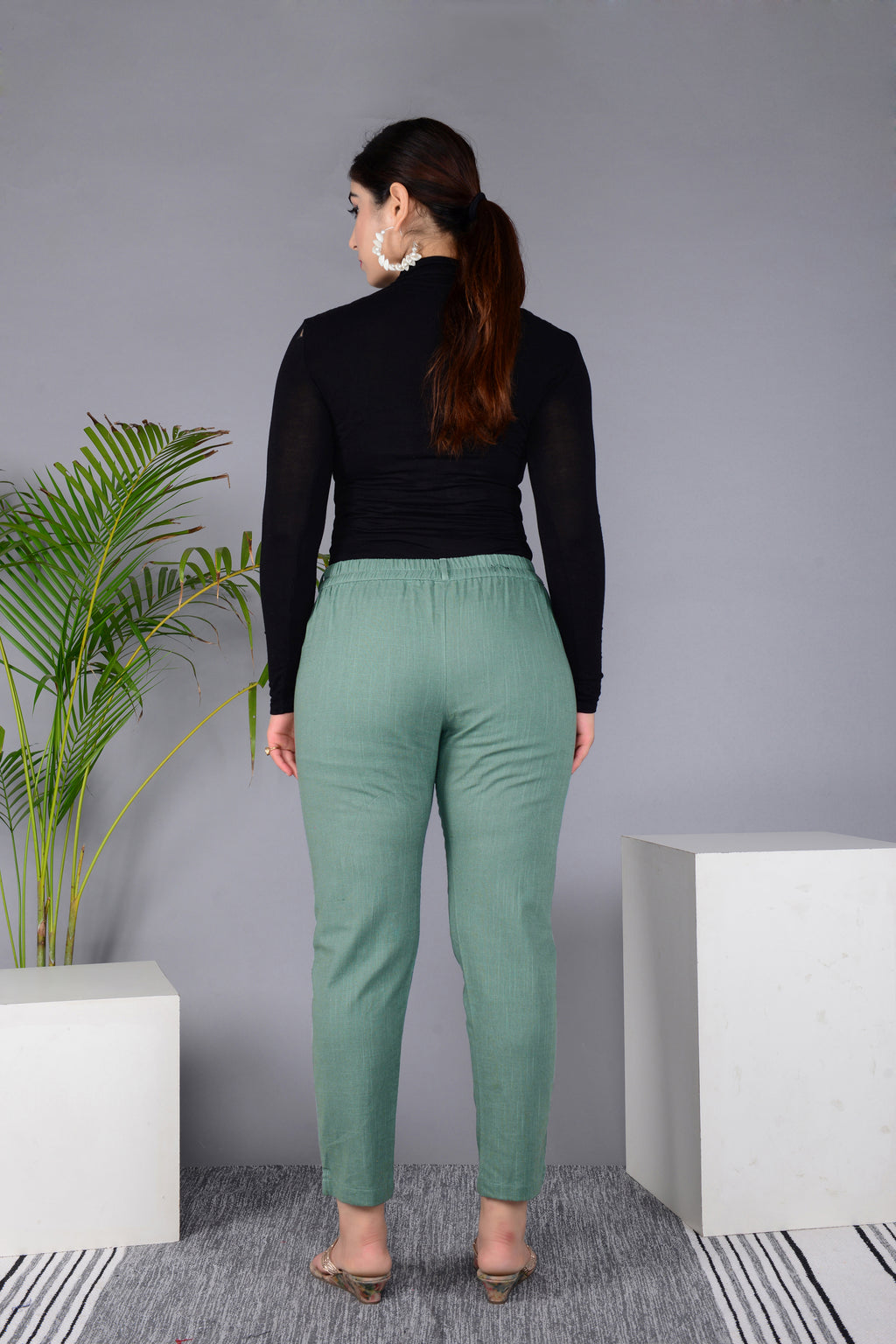 Majestic Diva's Women’s High Waist Mint Green Cotton Tapered Pants