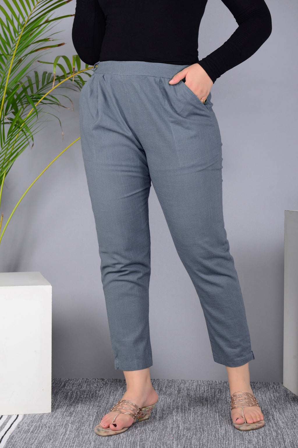 Majestic Diva's Elegant Grey High-Waist Straight Fit Pants