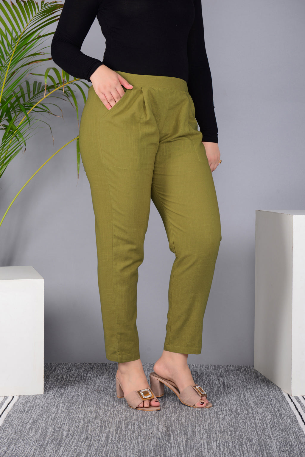Majestic Diva's Olive Green High-Waist Straight Fit Pants