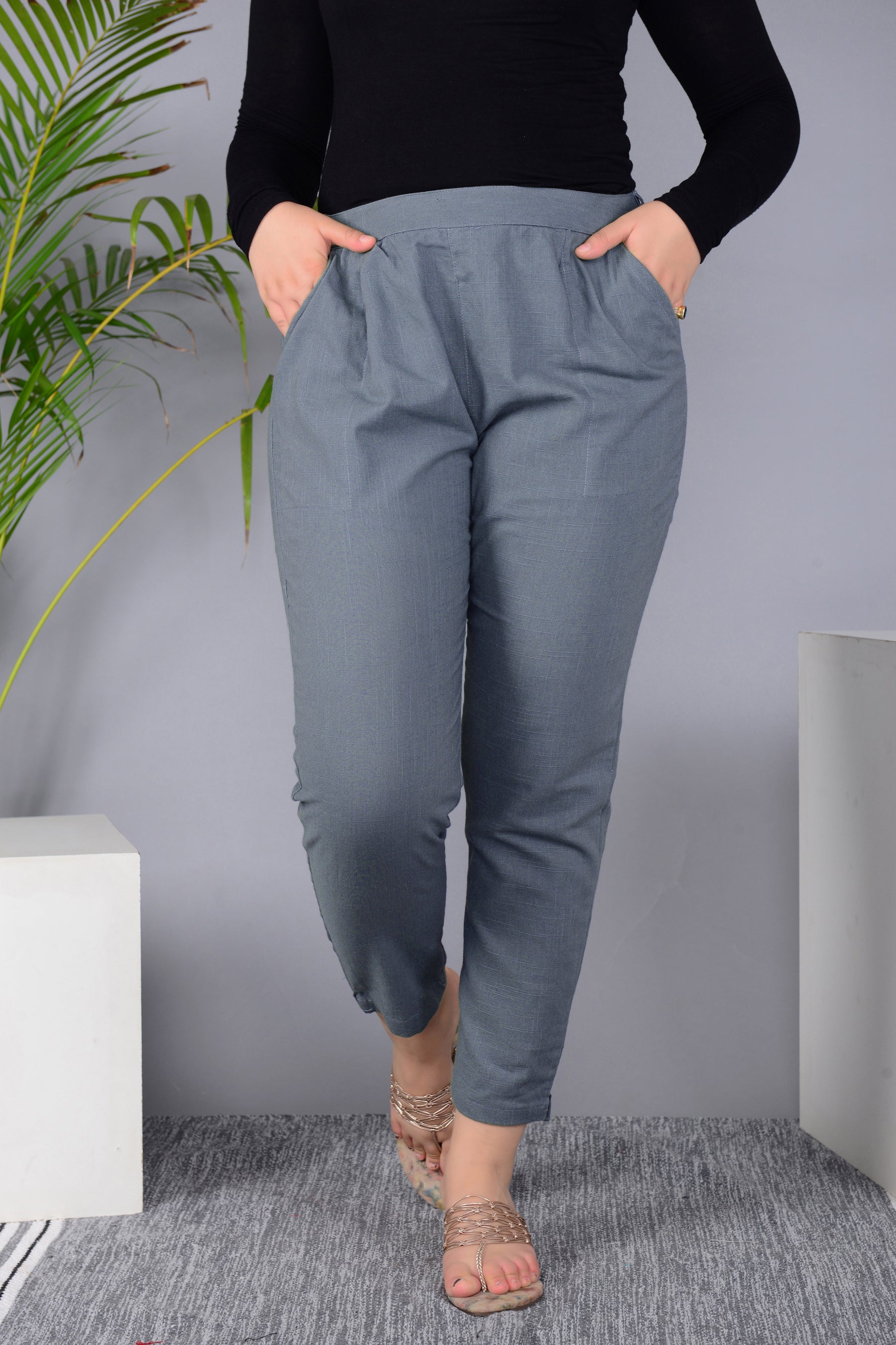 Majestic Diva's Elegant Grey High-Waist Straight Fit Pants