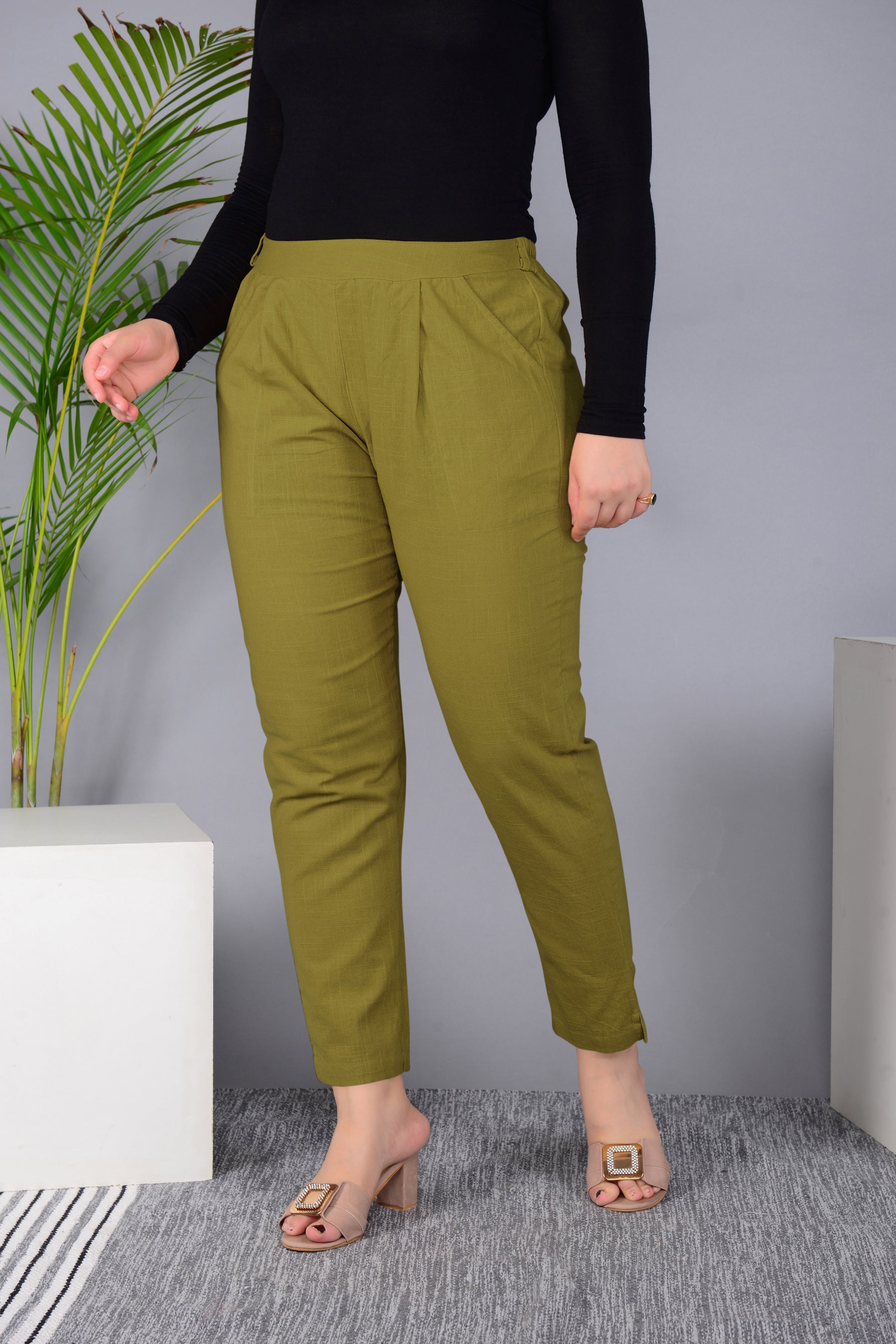 Majestic Diva's Olive Green High-Waist Straight Fit Pants