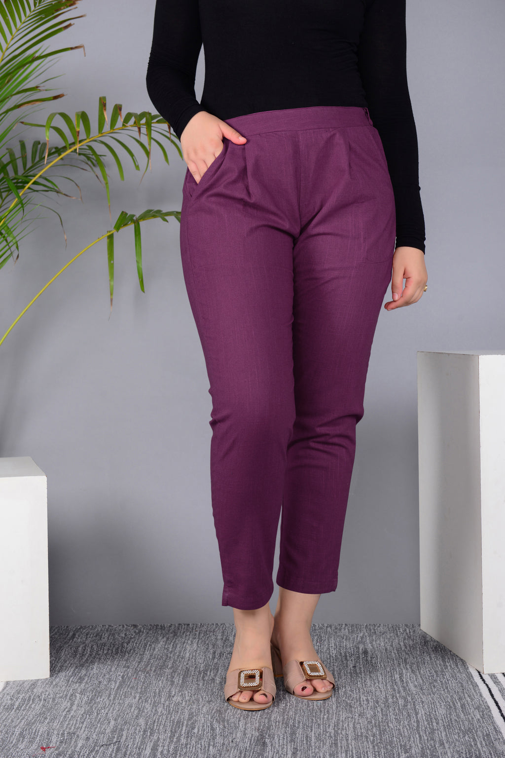 Majestic Diva's Women’s High Waist Wine Maroon Tapered Pants