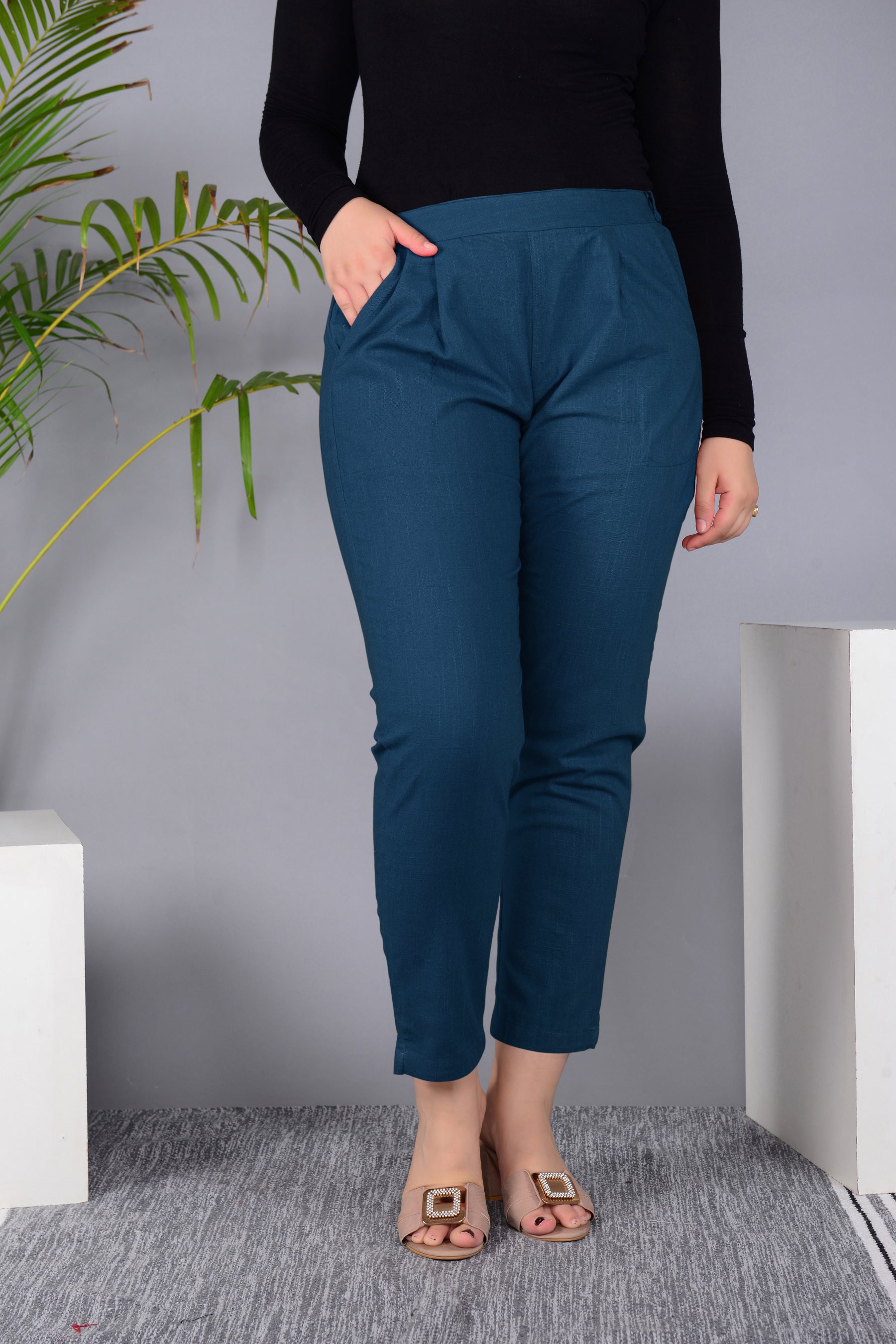 Majestic Diva's Women’s High Waist Teal Blue Tapered Pants