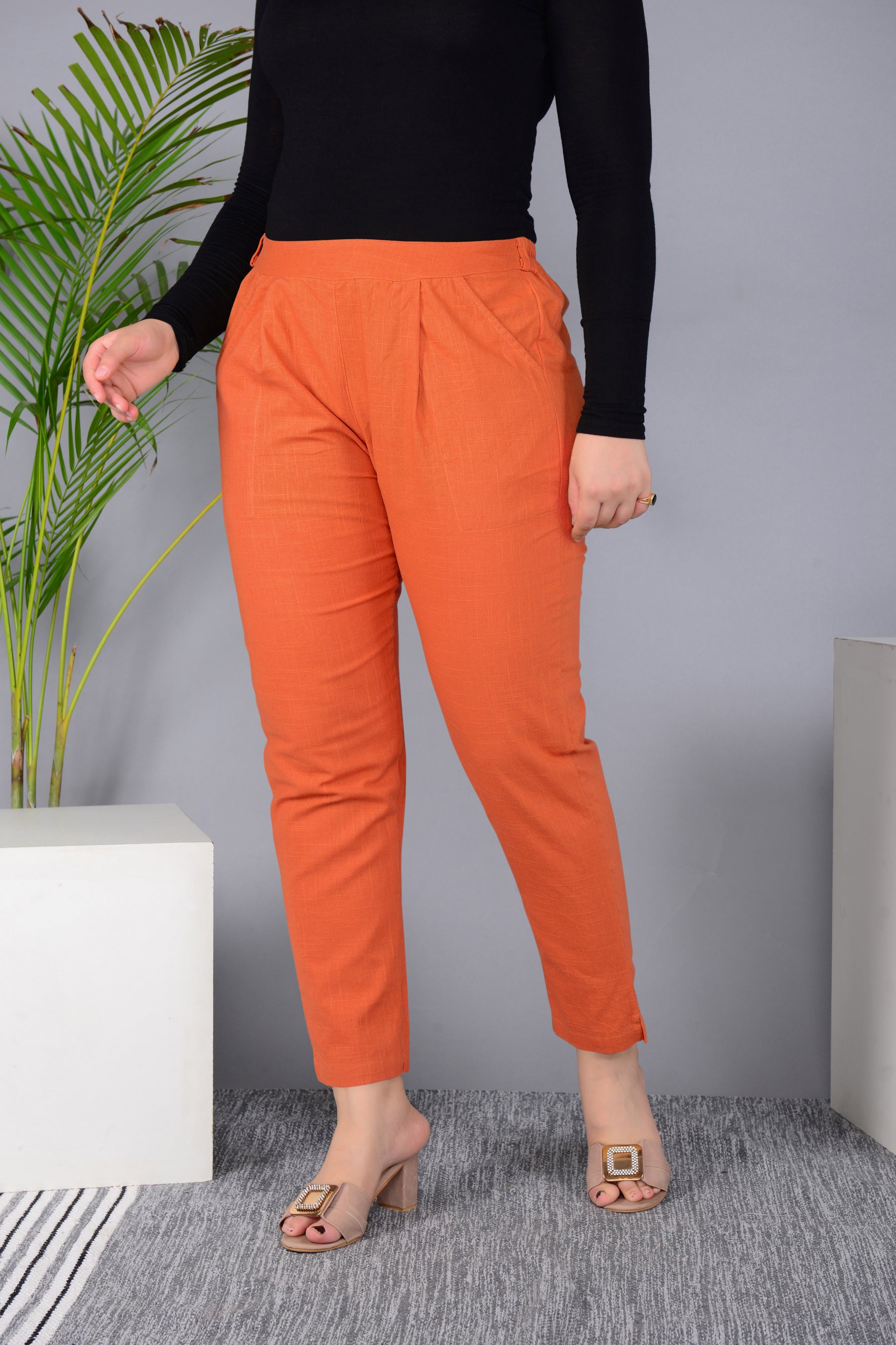 Majestic Diva's Vibrant Orange High-Waist Straight Fit Pants