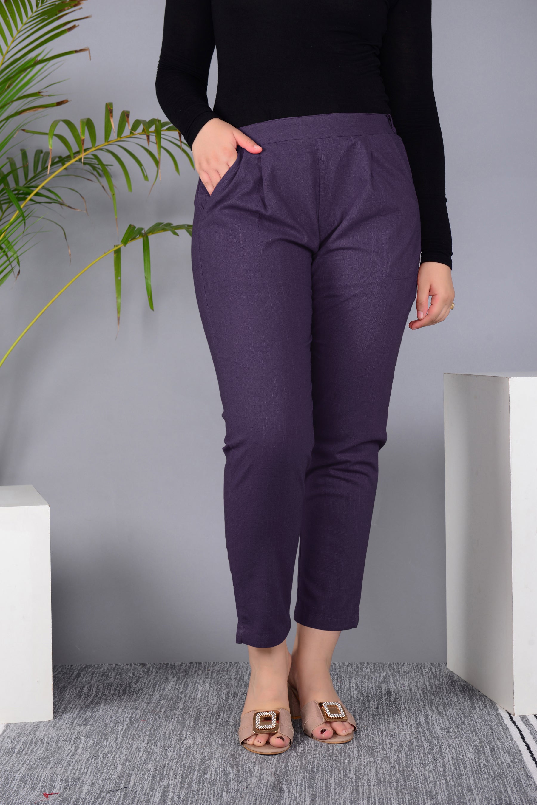 Majestic Diva's Women’s High Waist Plum Purple Tapered Pants