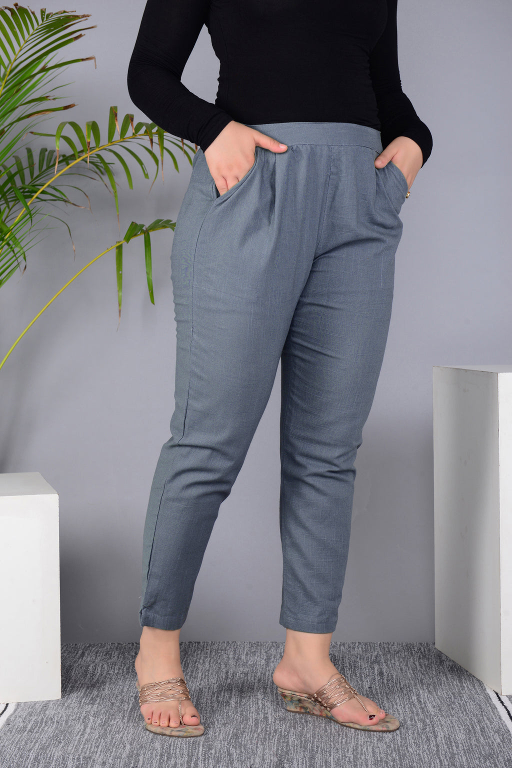 Majestic Diva's Elegant Grey High-Waist Straight Fit Pants
