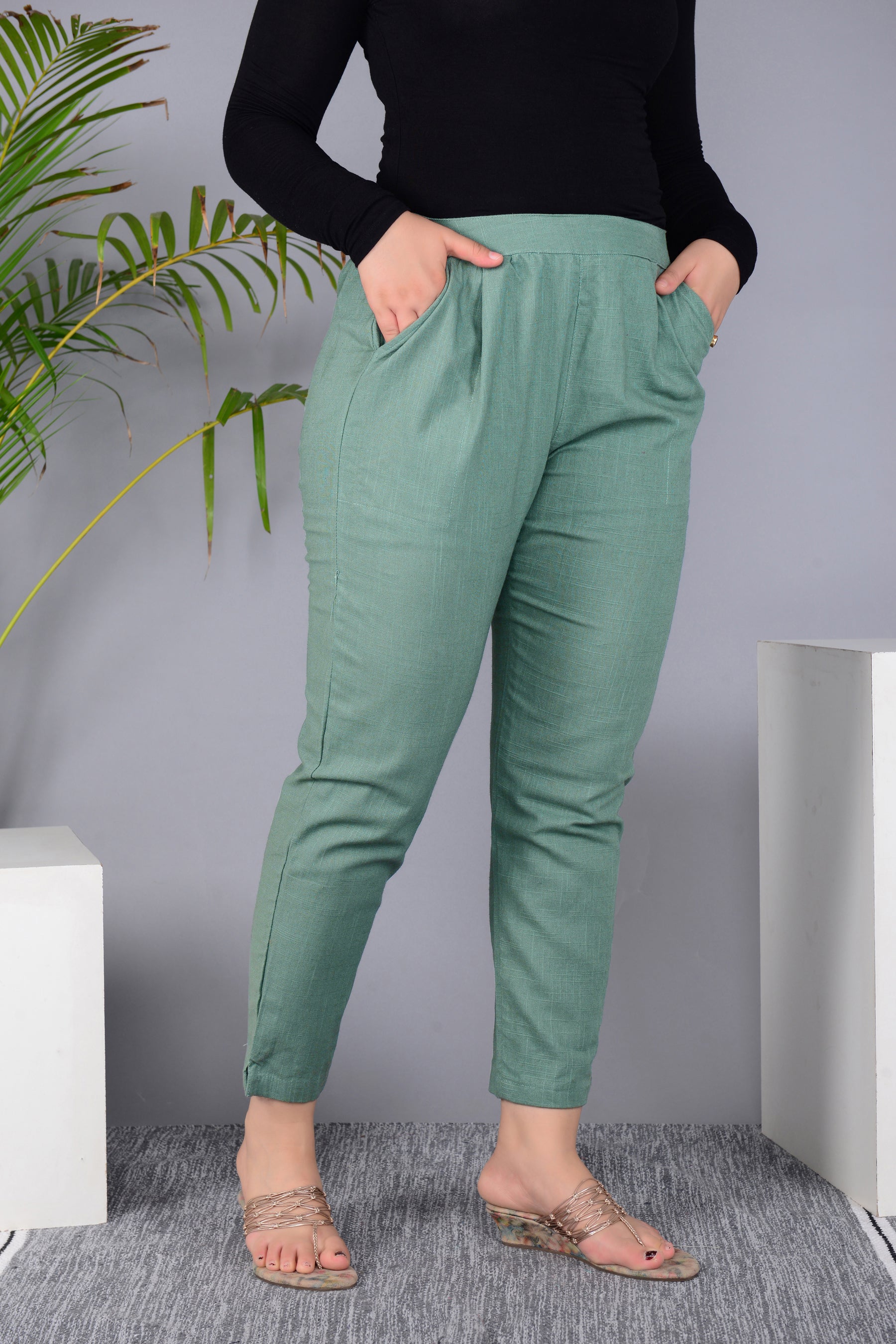 Majestic Diva's Women’s High Waist Mint Green Cotton Tapered Pants