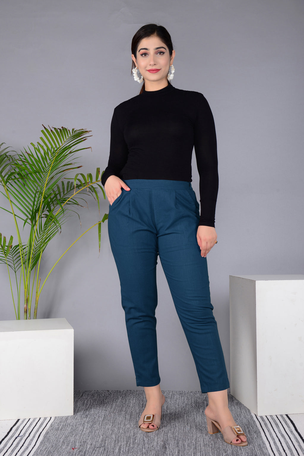 Majestic Diva's Women’s High Waist Teal Blue Tapered Pants