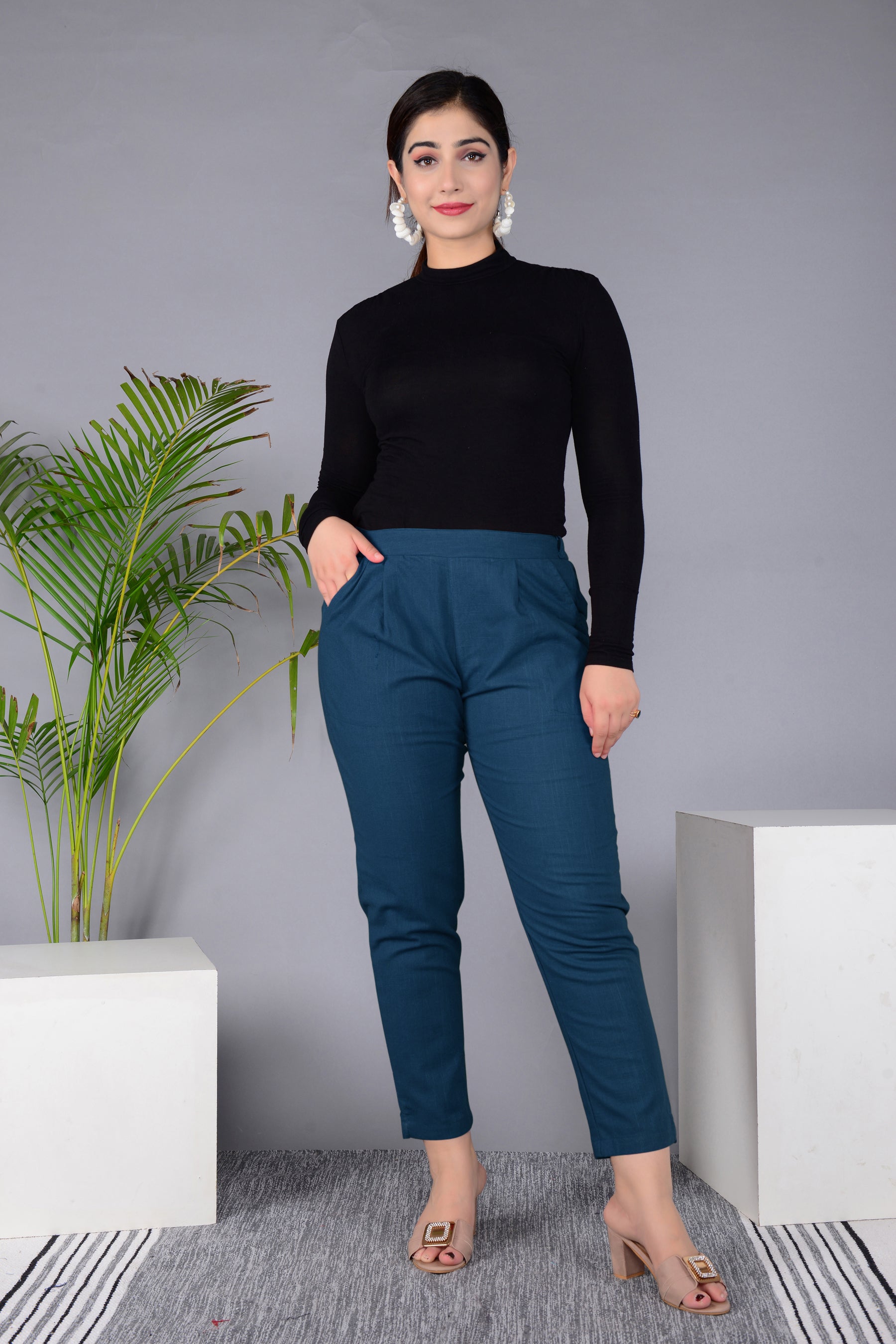 Majestic Diva's Women’s High Waist Teal Blue Tapered Pants