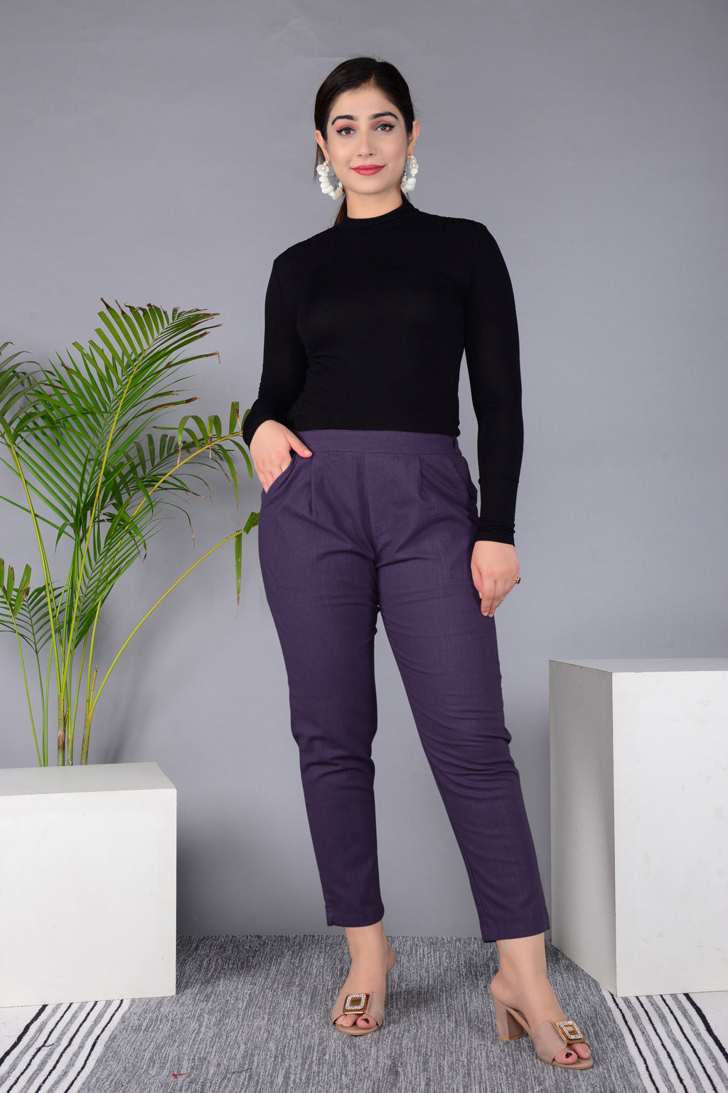 Majestic Diva's Women’s High Waist Plum Purple Tapered Pants