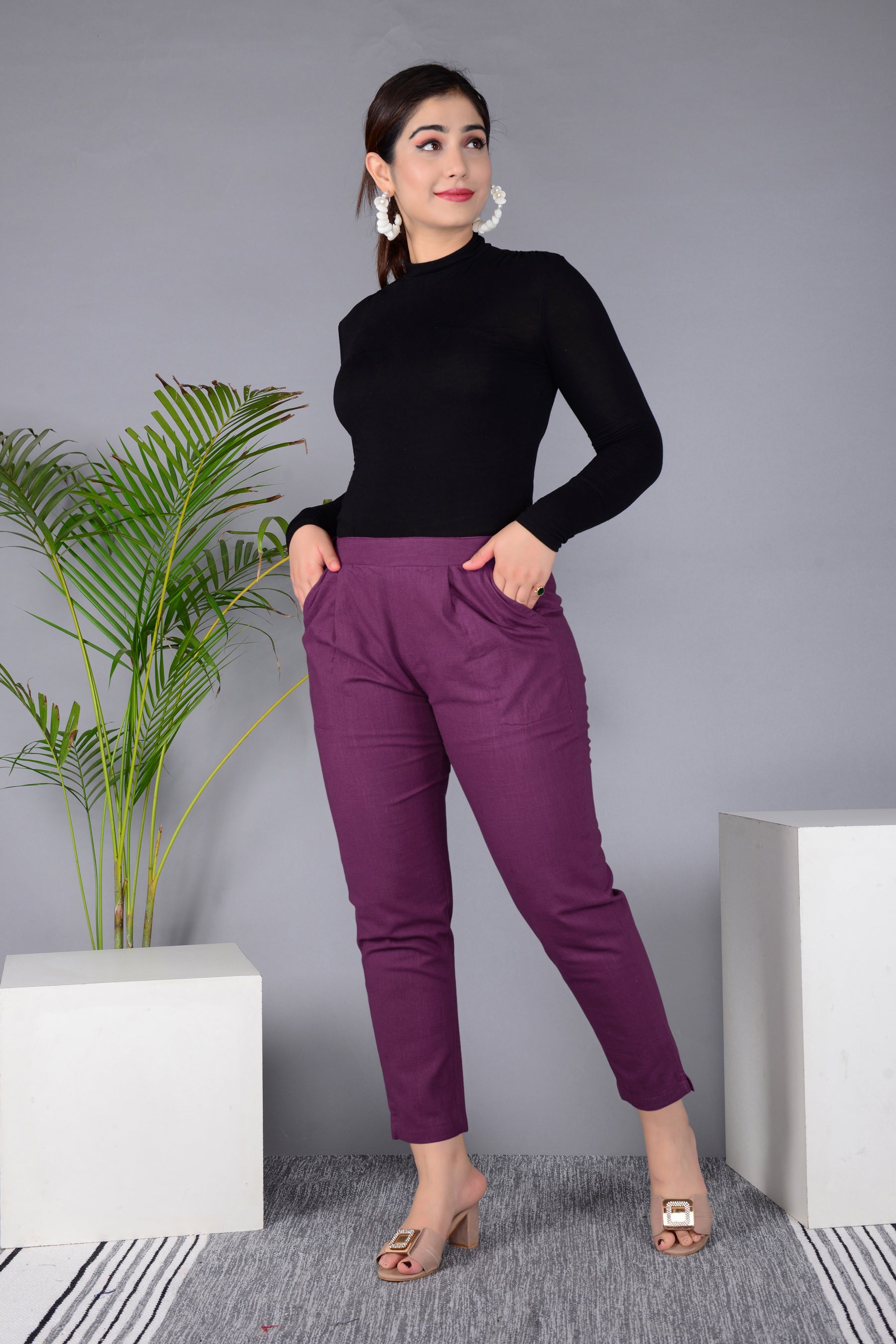 Majestic Diva's Women’s High Waist Wine Maroon Tapered Pants Secondary image