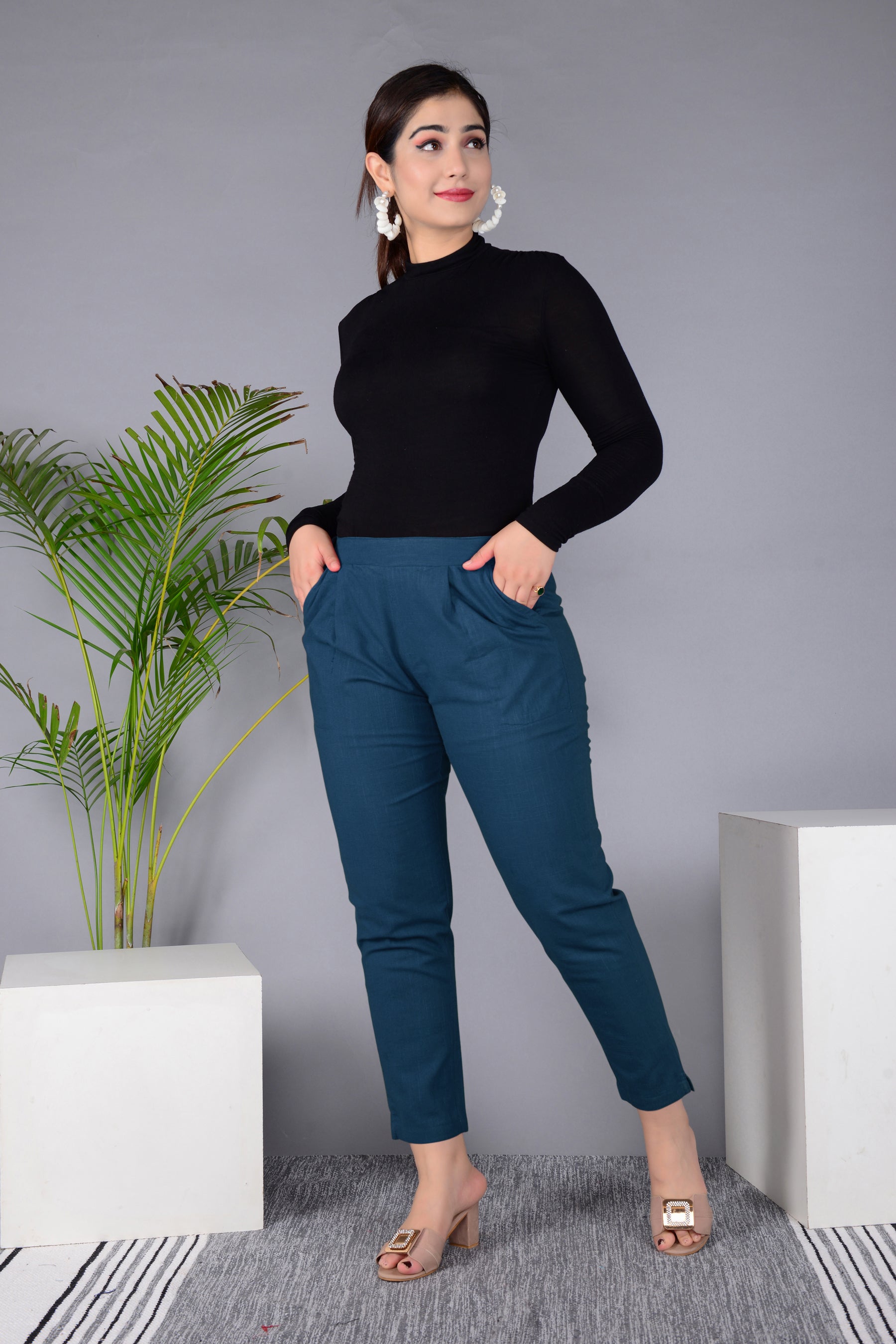 Majestic Diva's Women’s High Waist Teal Blue Tapered Pants Main image