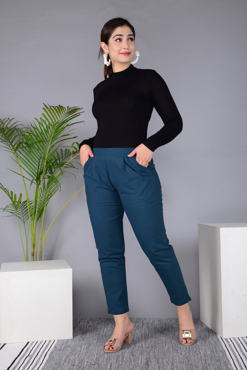 Majestic Diva's Women’s High Waist Teal Blue Tapered Pants