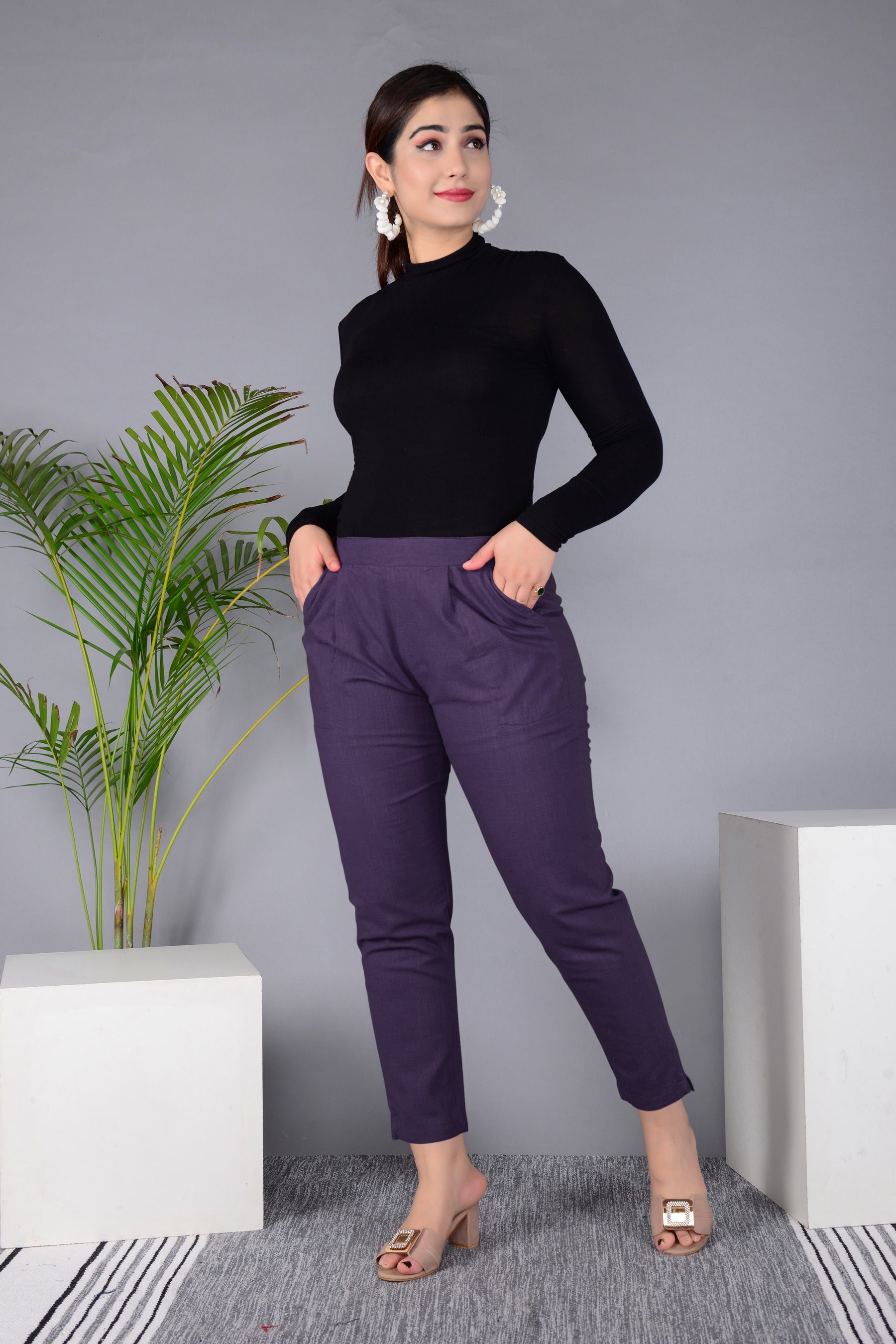 Majestic Diva's Women’s High Waist Plum Purple Tapered Pants