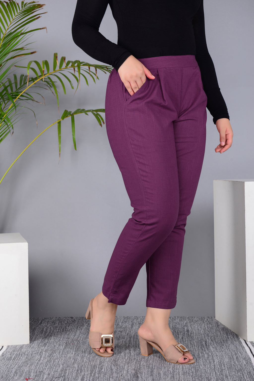 Majestic Diva's Women’s High Waist Wine Maroon Tapered Pants