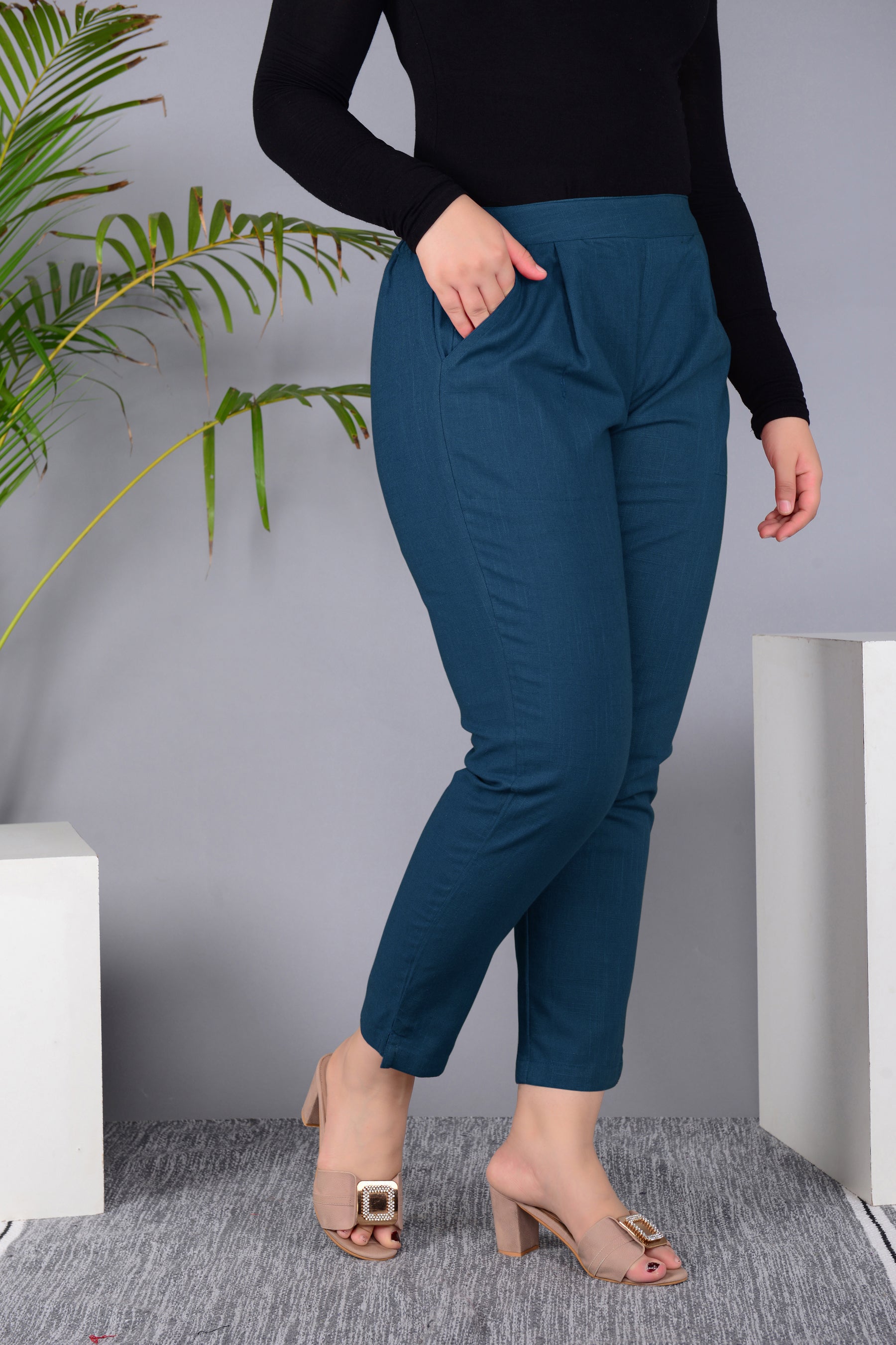 Majestic Diva's Women’s High Waist Teal Blue Tapered Pants