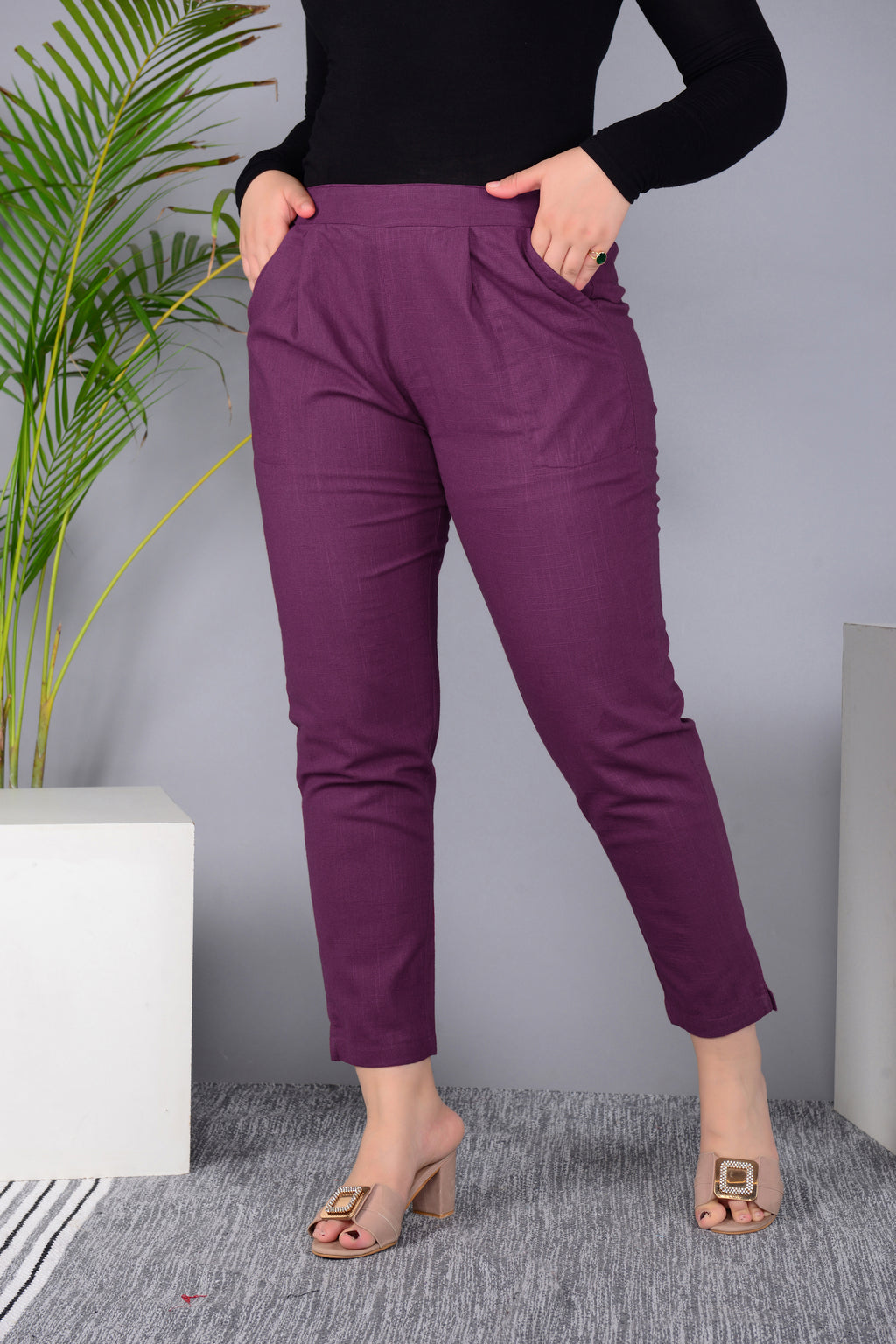 Majestic Diva's Women’s High Waist Wine Maroon Tapered Pants