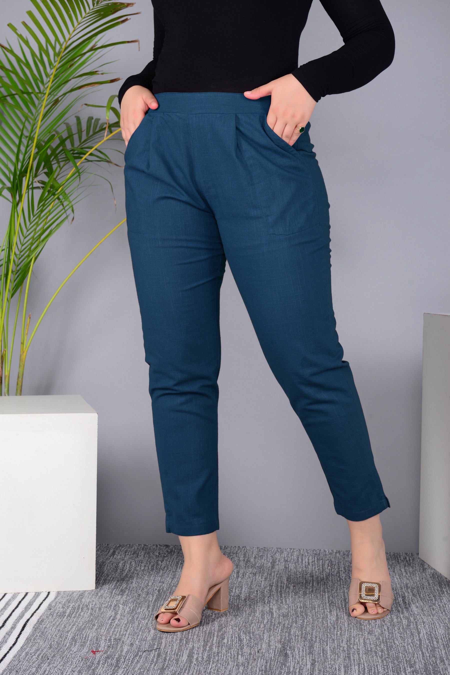 Majestic Diva's Women’s High Waist Teal Blue Tapered Pants