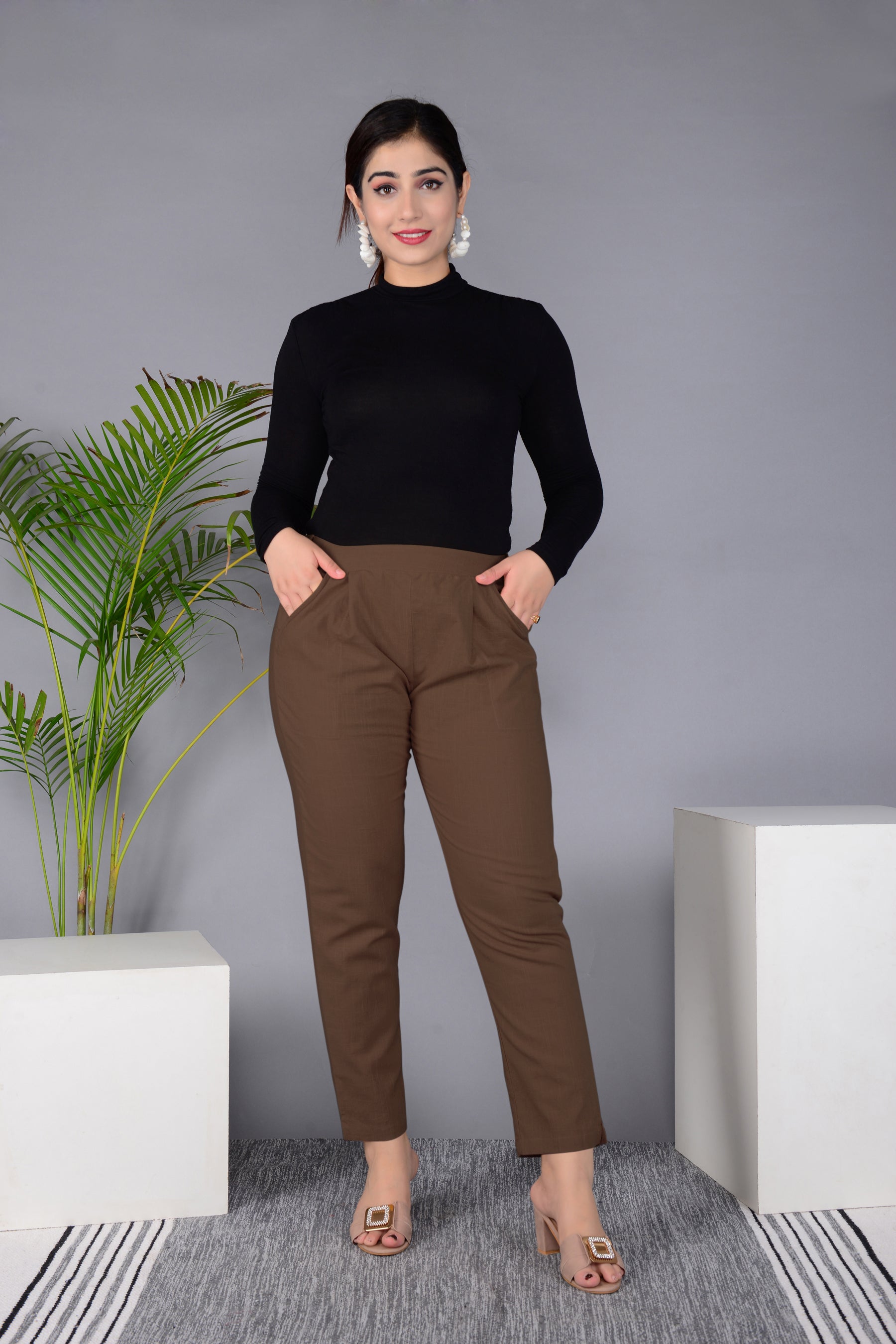 Majestic Diva's Classic Brown High-Waist Straight Fit Pants Main image