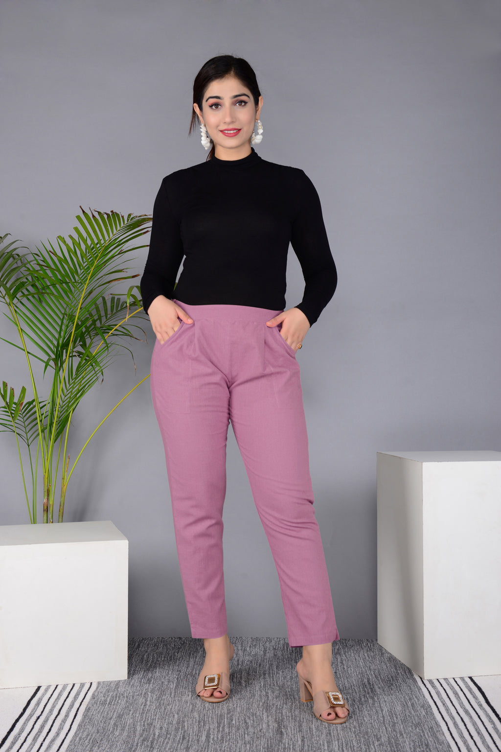 Majestic Diva's Dusty Rose High-Waist Straight Fit Pants