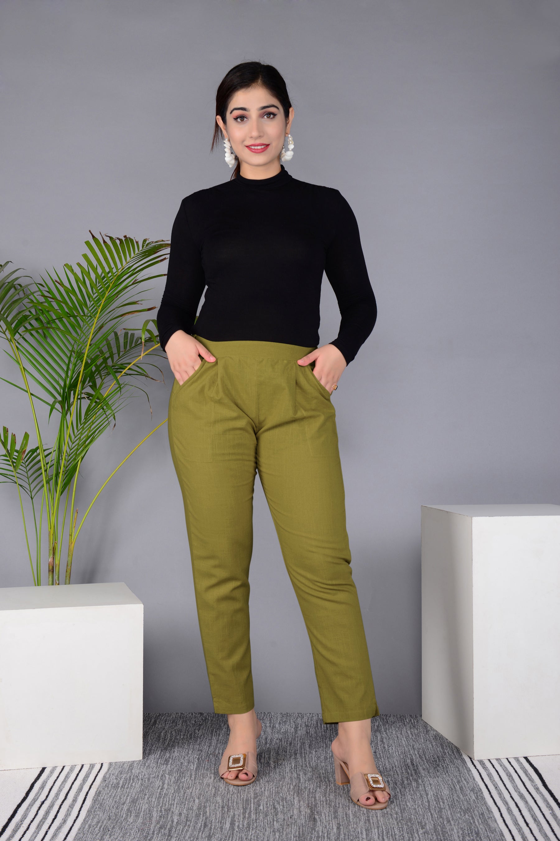 Majestic Diva's Olive Green High-Waist Straight Fit Pants Main image