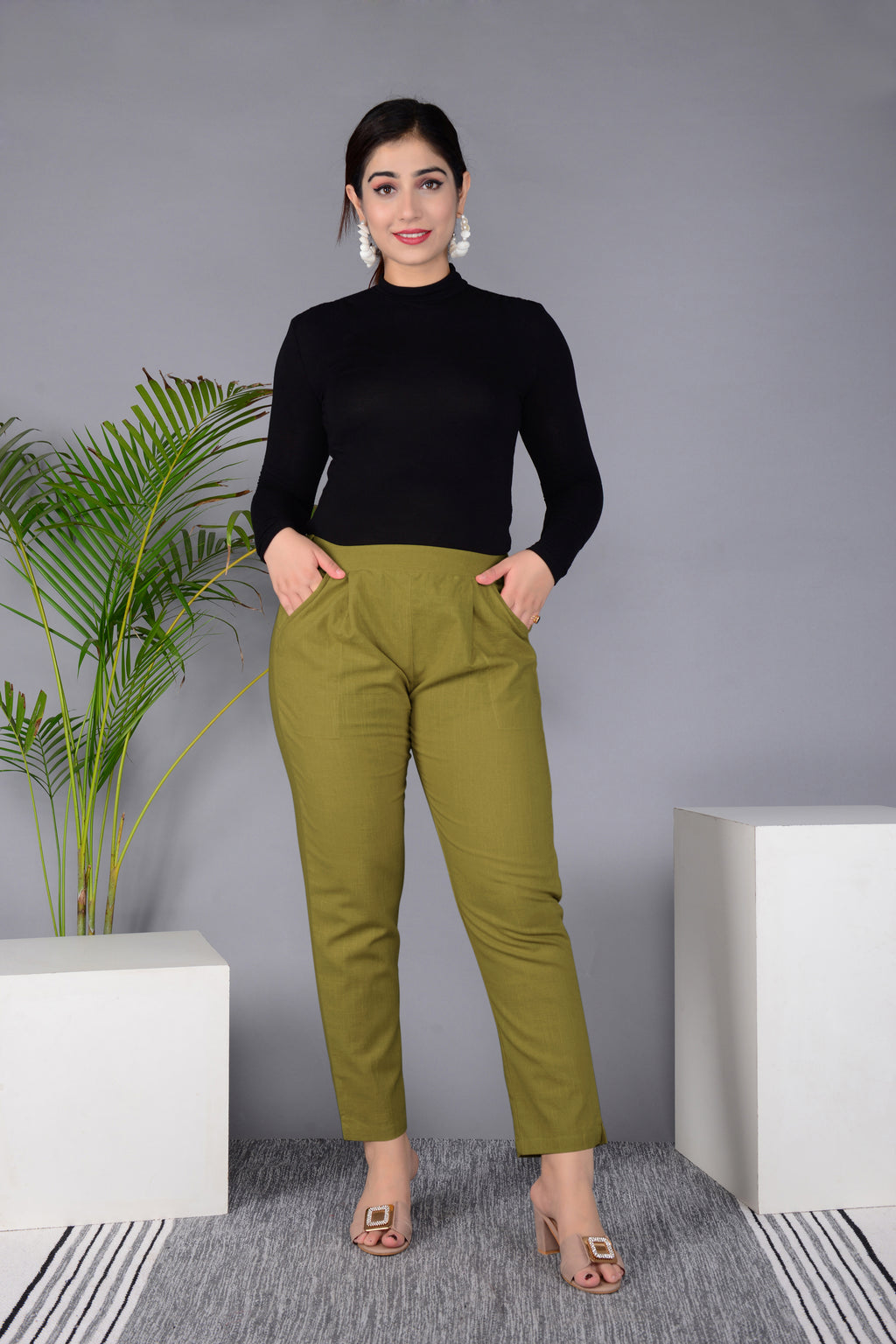 Majestic Diva's Olive Green High-Waist Straight Fit Pants