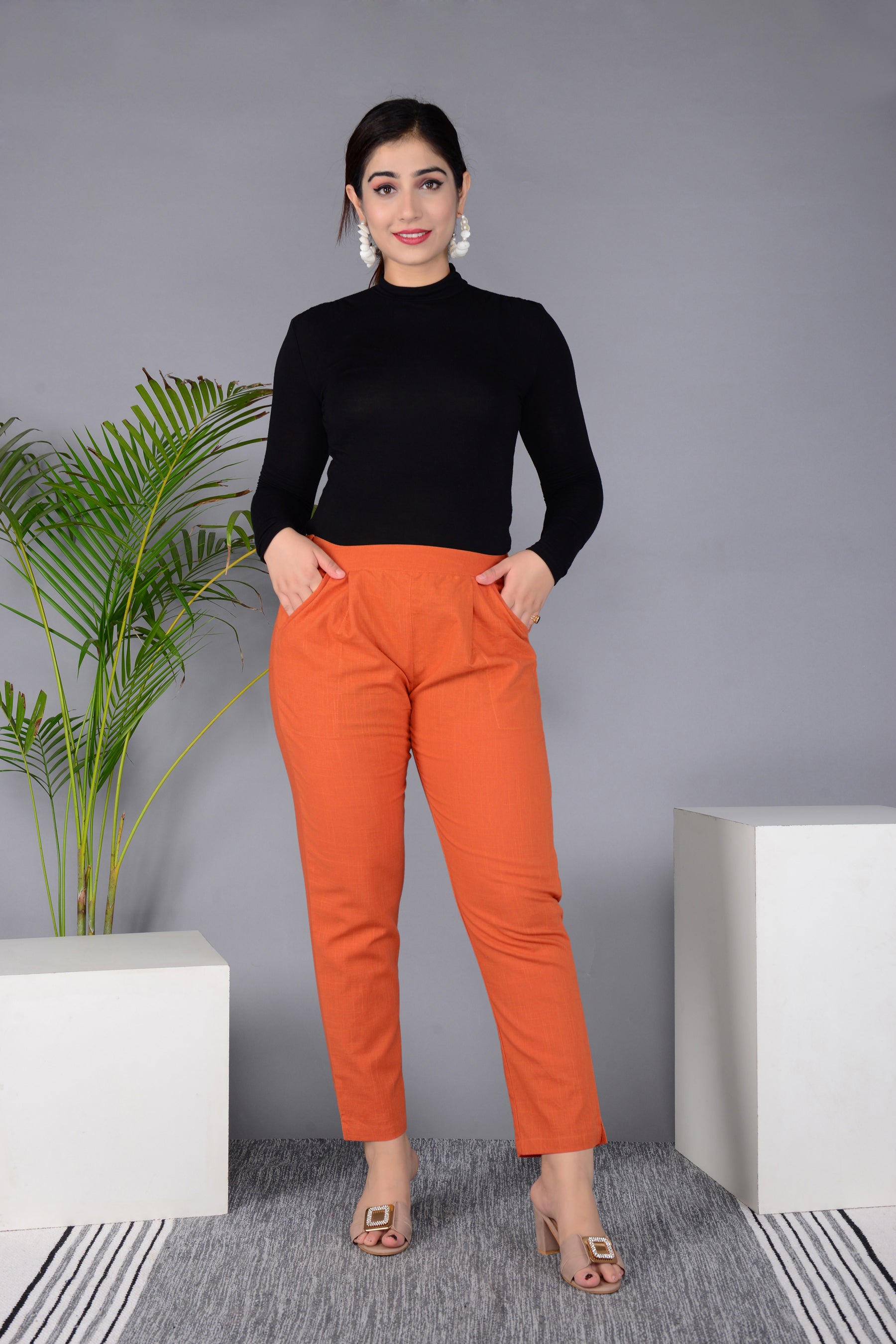 Majestic Diva's Vibrant Orange High-Waist Straight Fit Pants Main image
