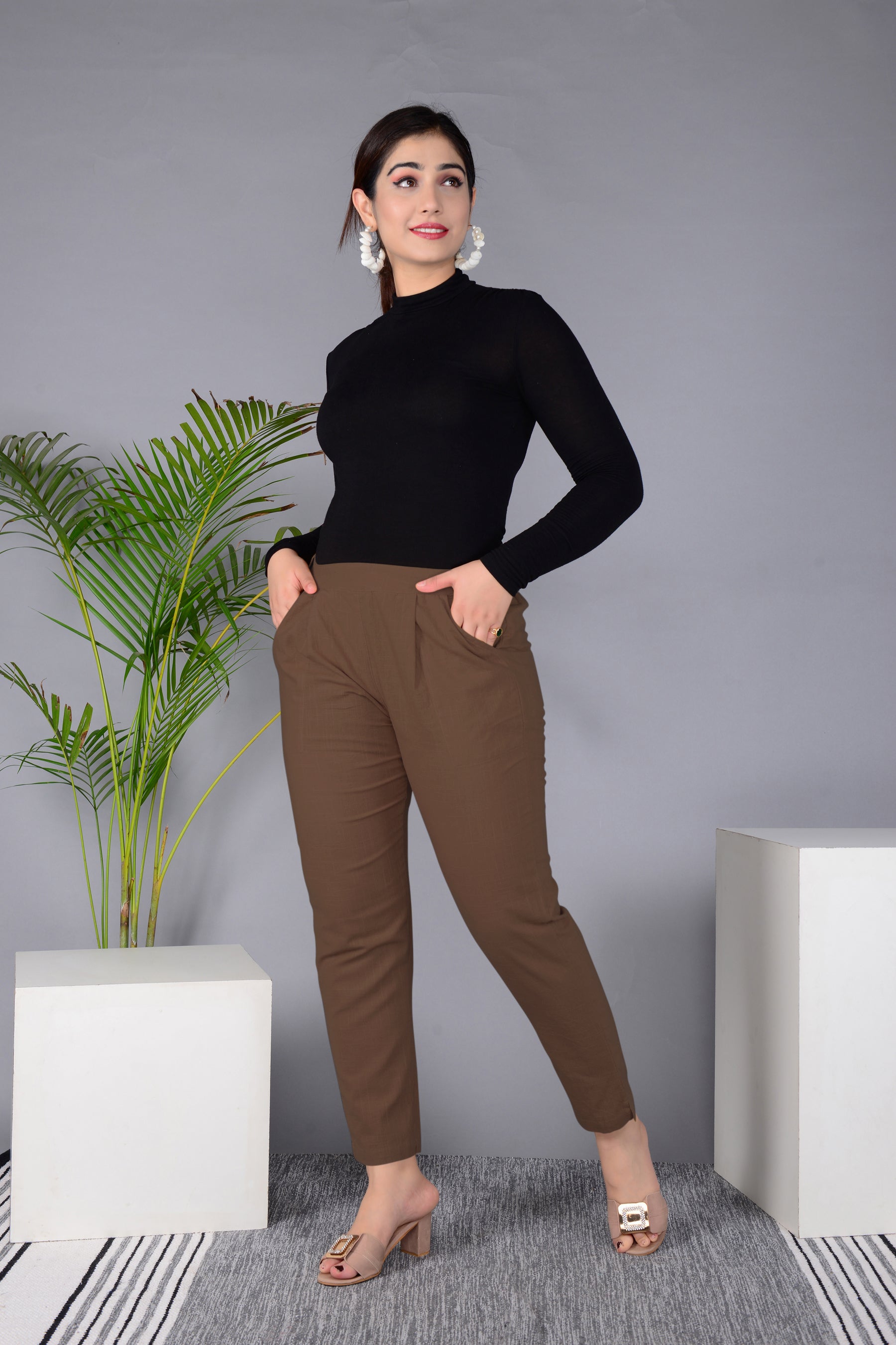 Majestic Diva's Classic Brown High-Waist Straight Fit Pants Secondary image