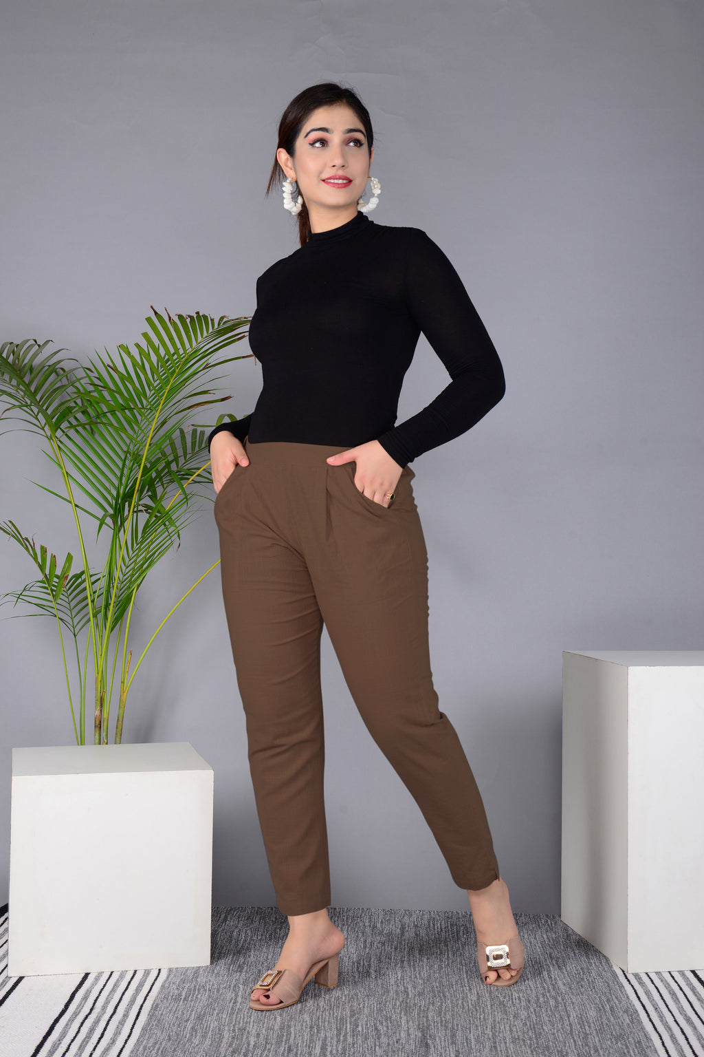 Majestic Diva's Classic Brown High-Waist Straight Fit Pants