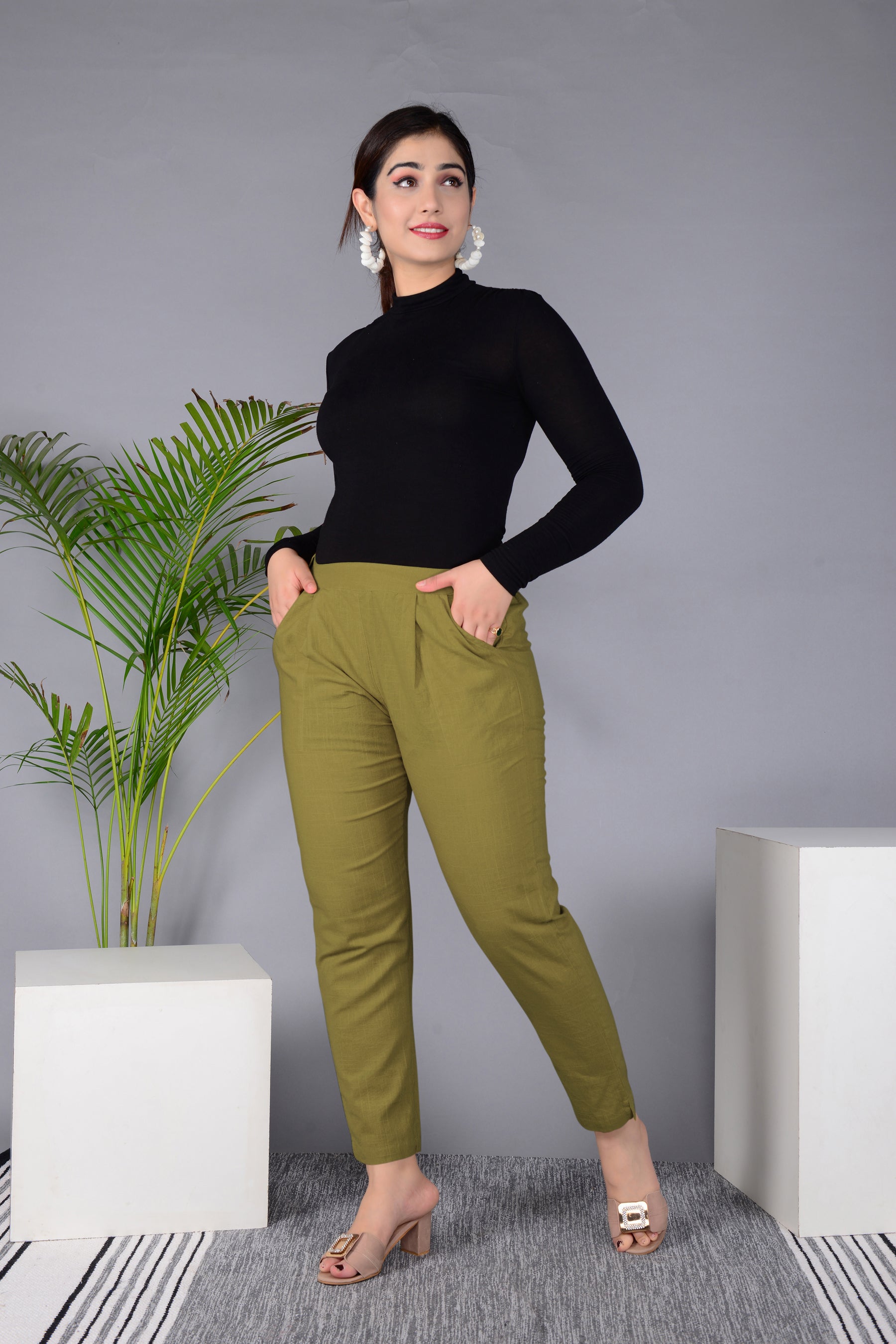 Majestic Diva's Olive Green High-Waist Straight Fit Pants Secondary image