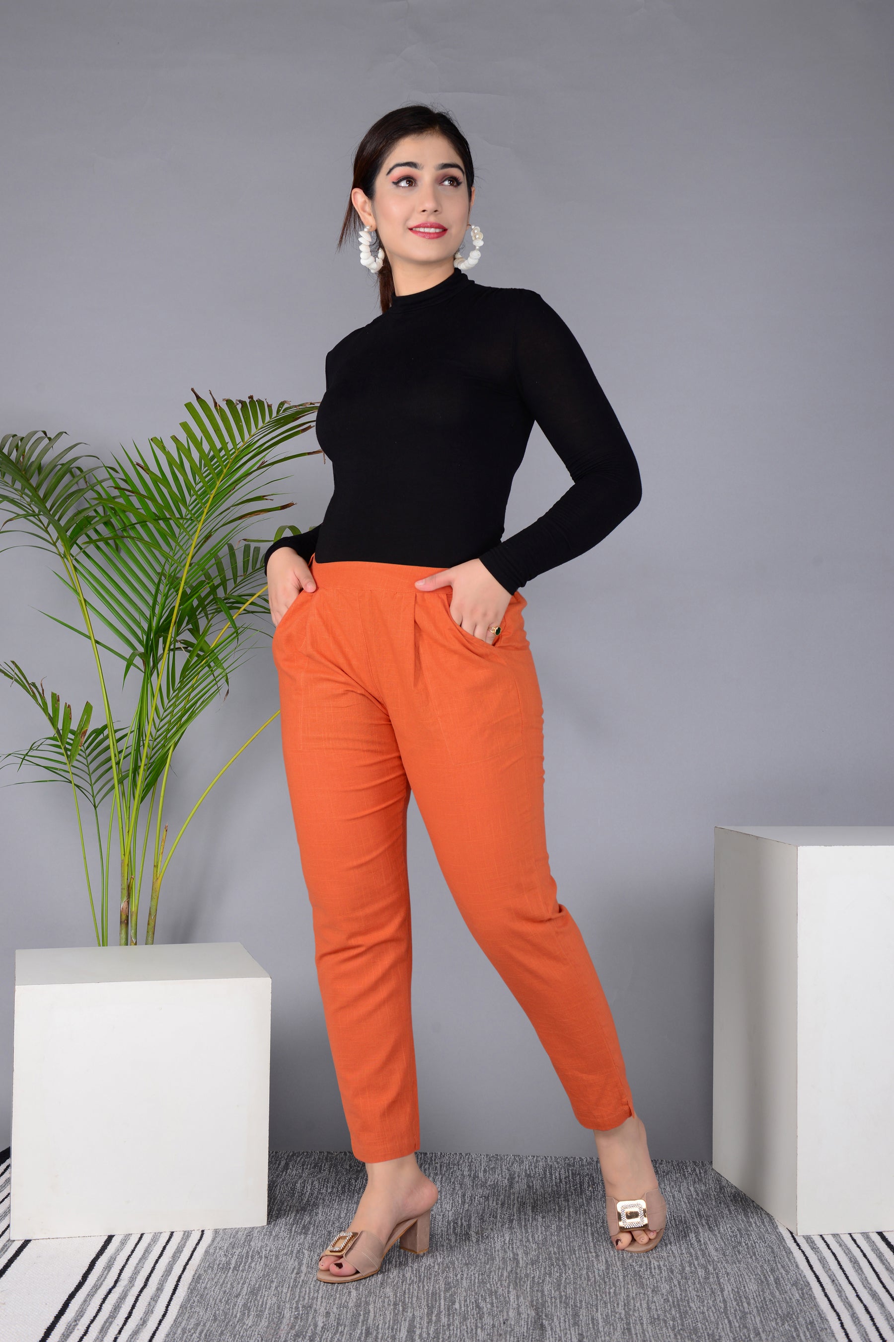 Majestic Diva's Vibrant Orange High-Waist Straight Fit Pants