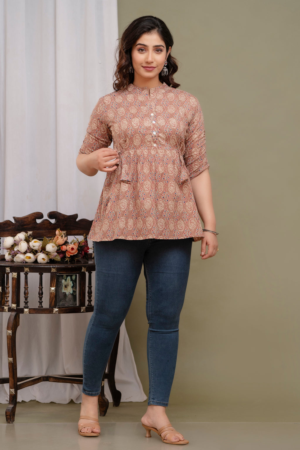 Majestic Divas Printed Cotton Peplum Top for Women