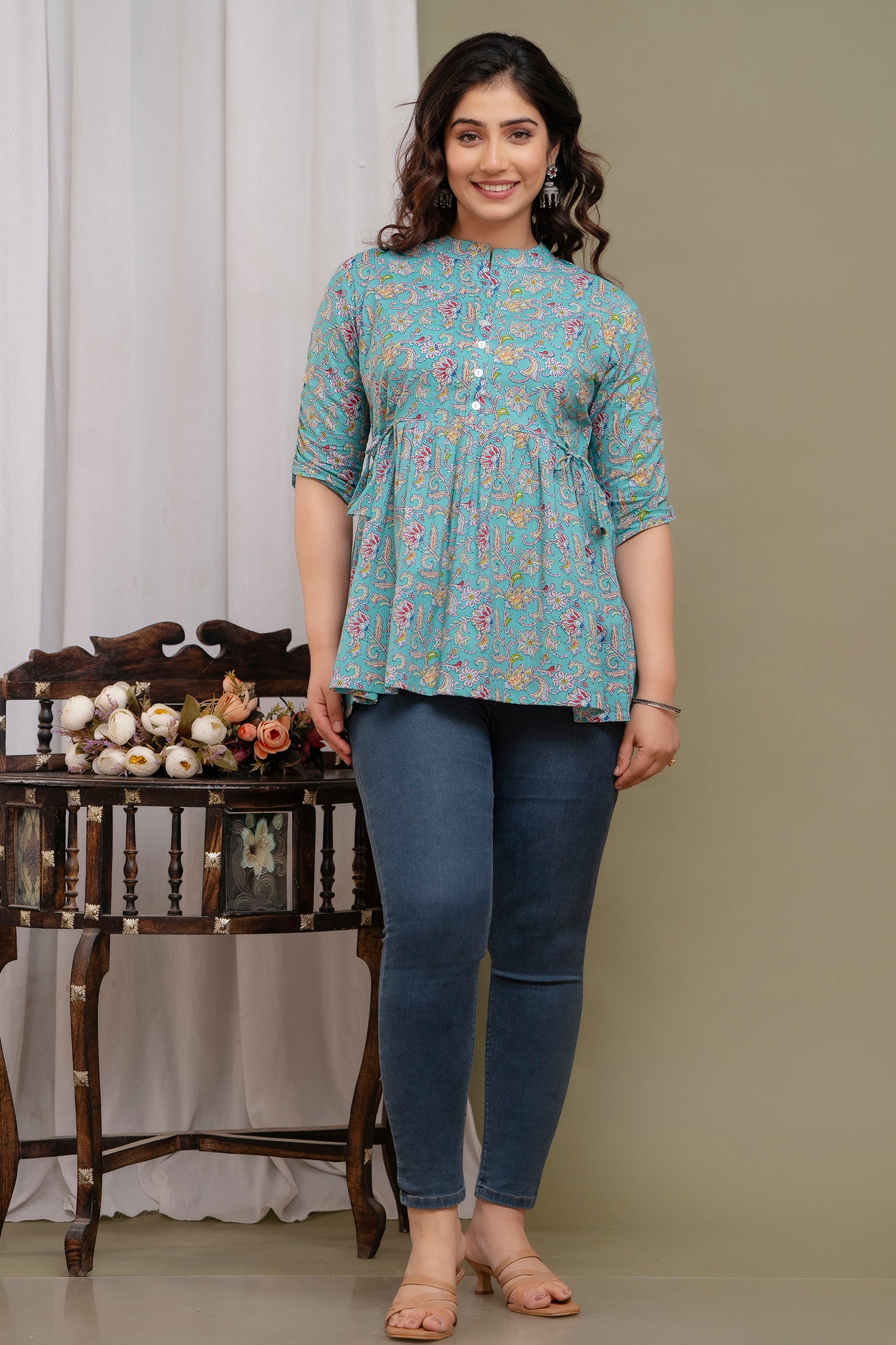 Majestic Divas Floral Printed Cotton Peplum Kurti Top for Women