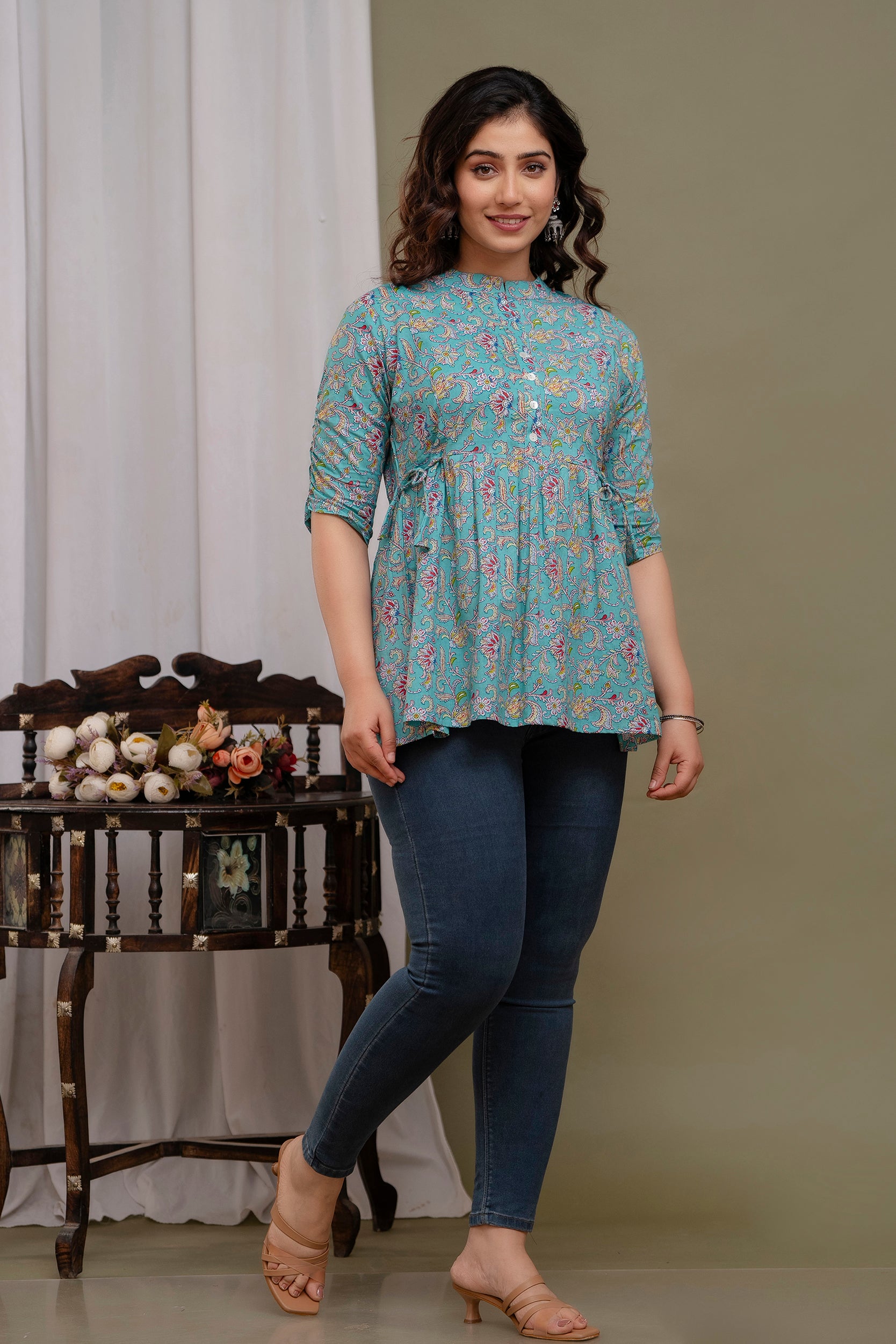 Majestic Divas Floral Printed Cotton Peplum Kurti Top for Women