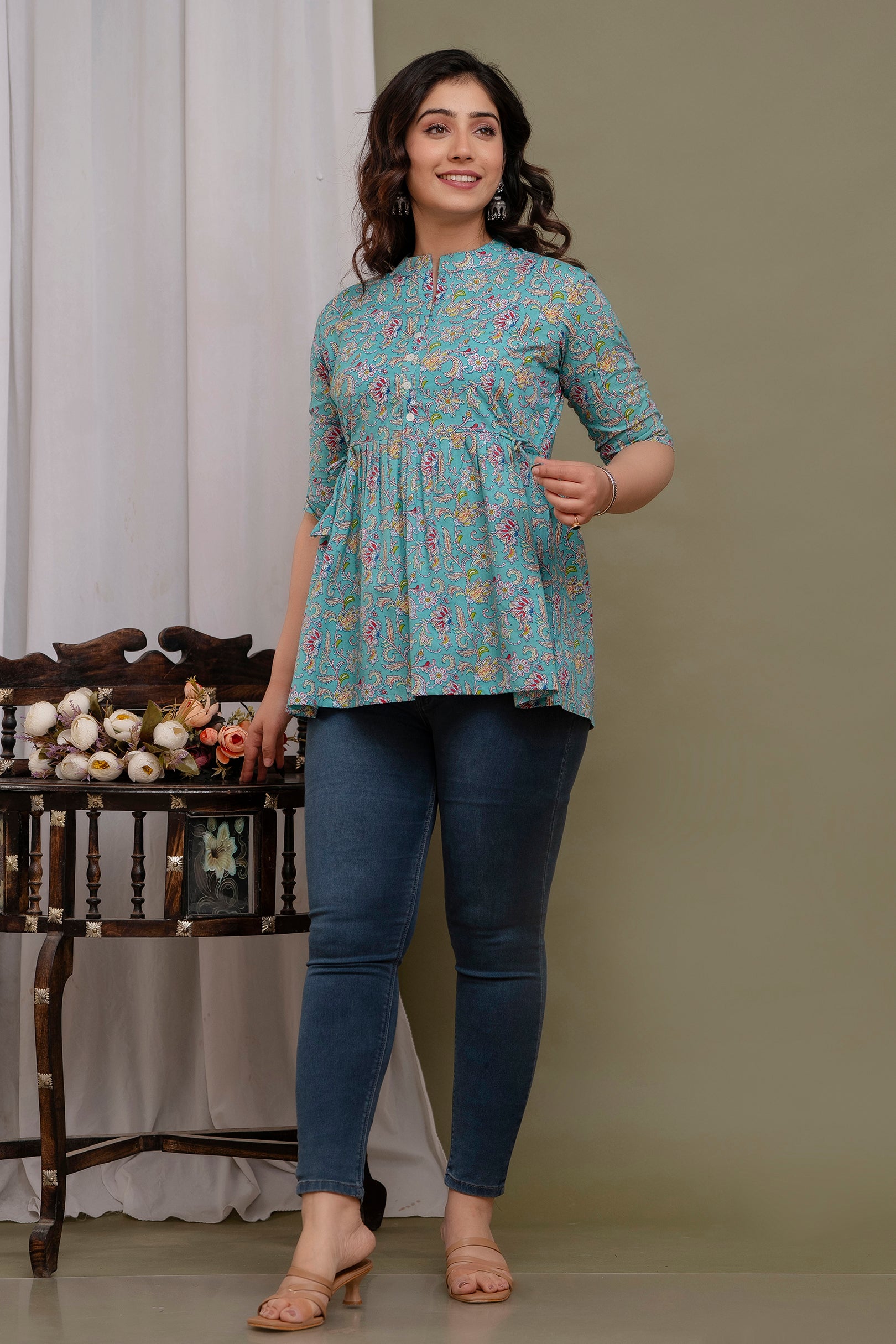 Majestic Divas Floral Printed Cotton Peplum Kurti Top for Women