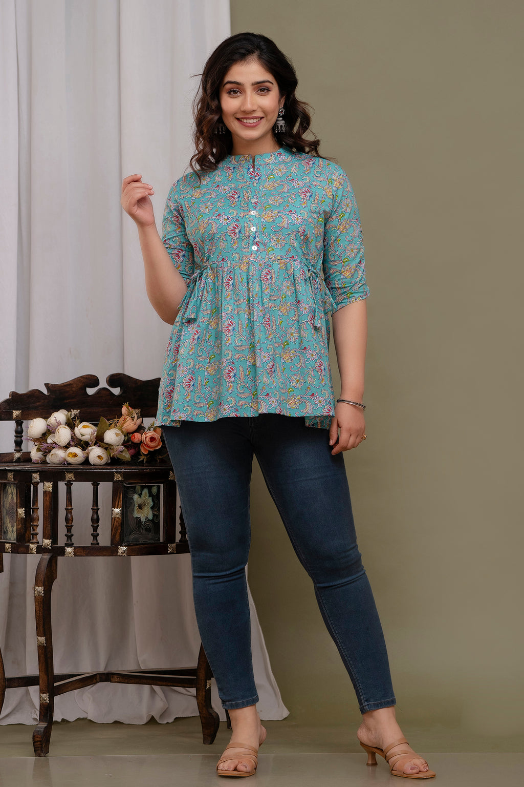Majestic Divas Floral Printed Cotton Peplum Kurti Top for Women