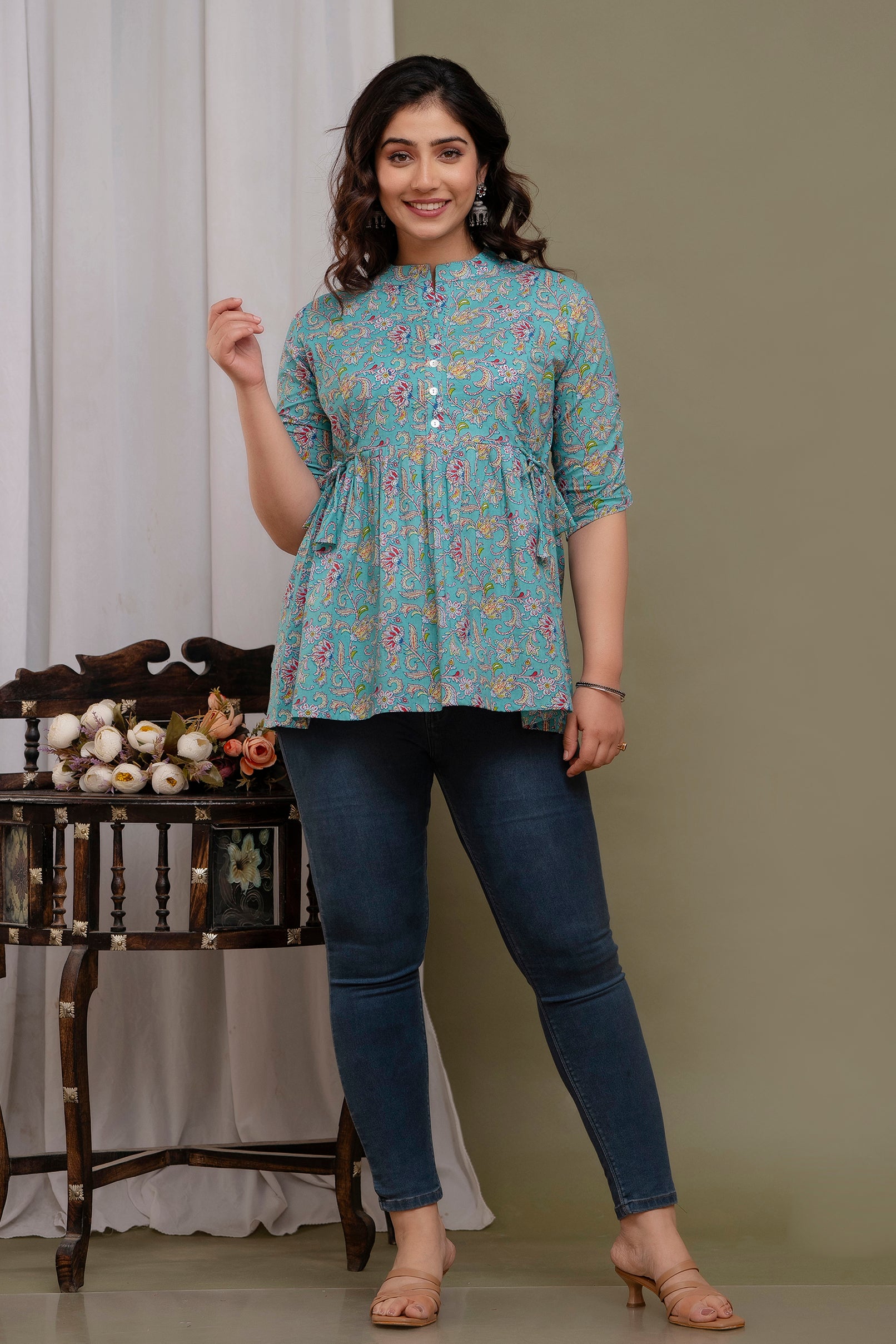 Majestic Divas Floral Printed Cotton Peplum Kurti Top for Women